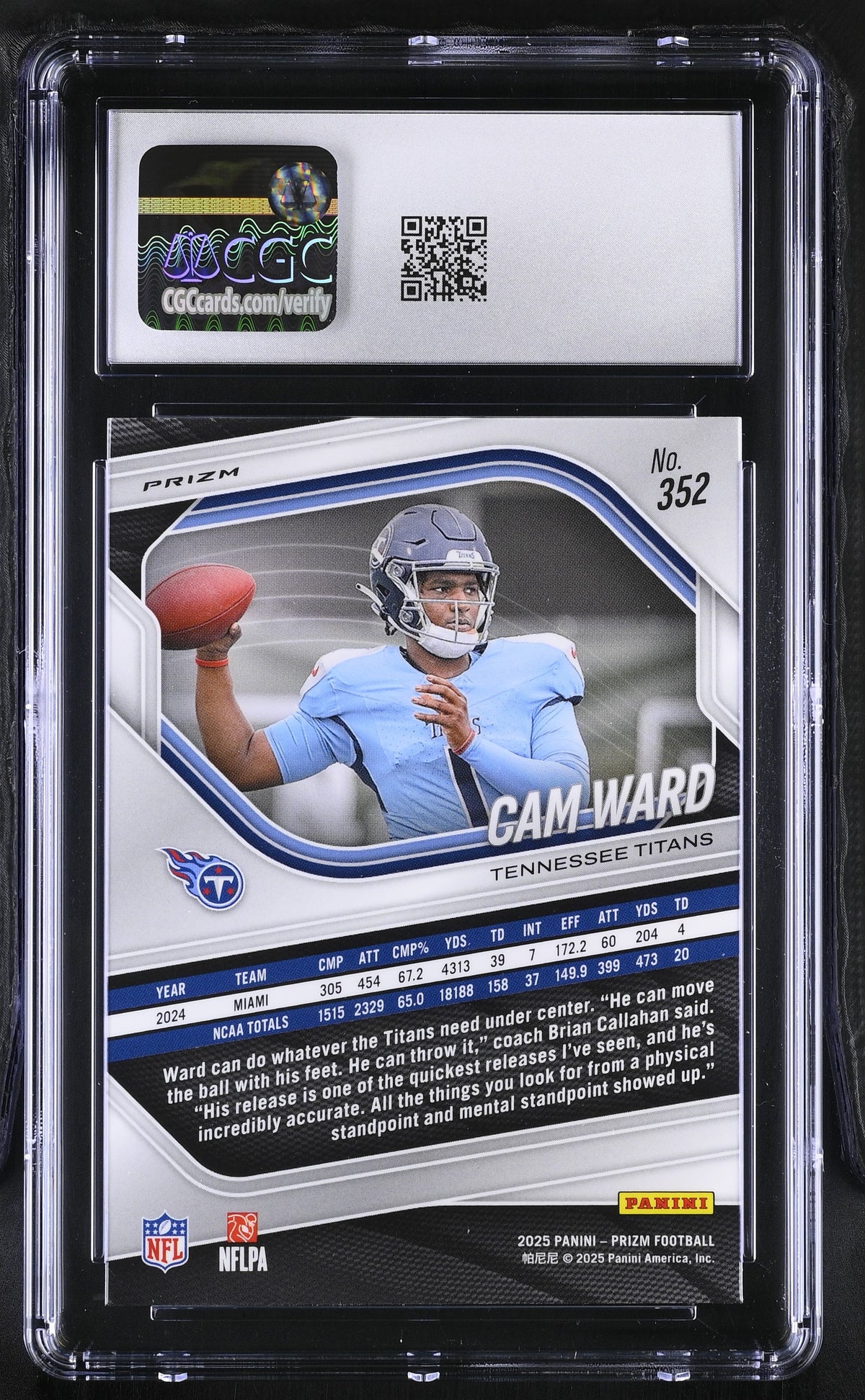 2025 Panini Prizm Cam Ward Lazer Rookie #352 CGC 9.5 Tennessee Titans