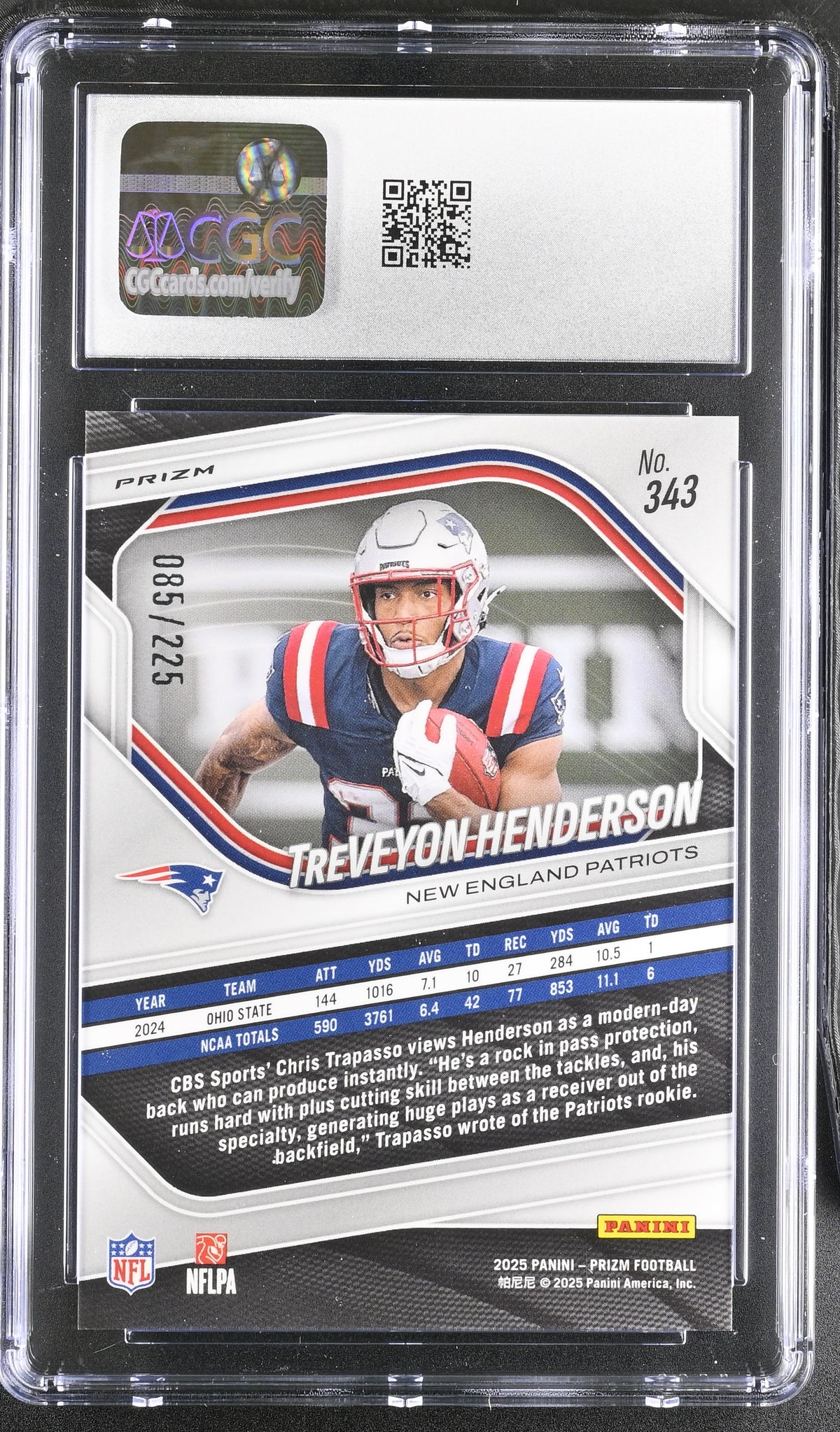 2025 Panini Prizm TreVeyon Henderson Purple Ice /255 Rookie #343 CGC 10 Patriots