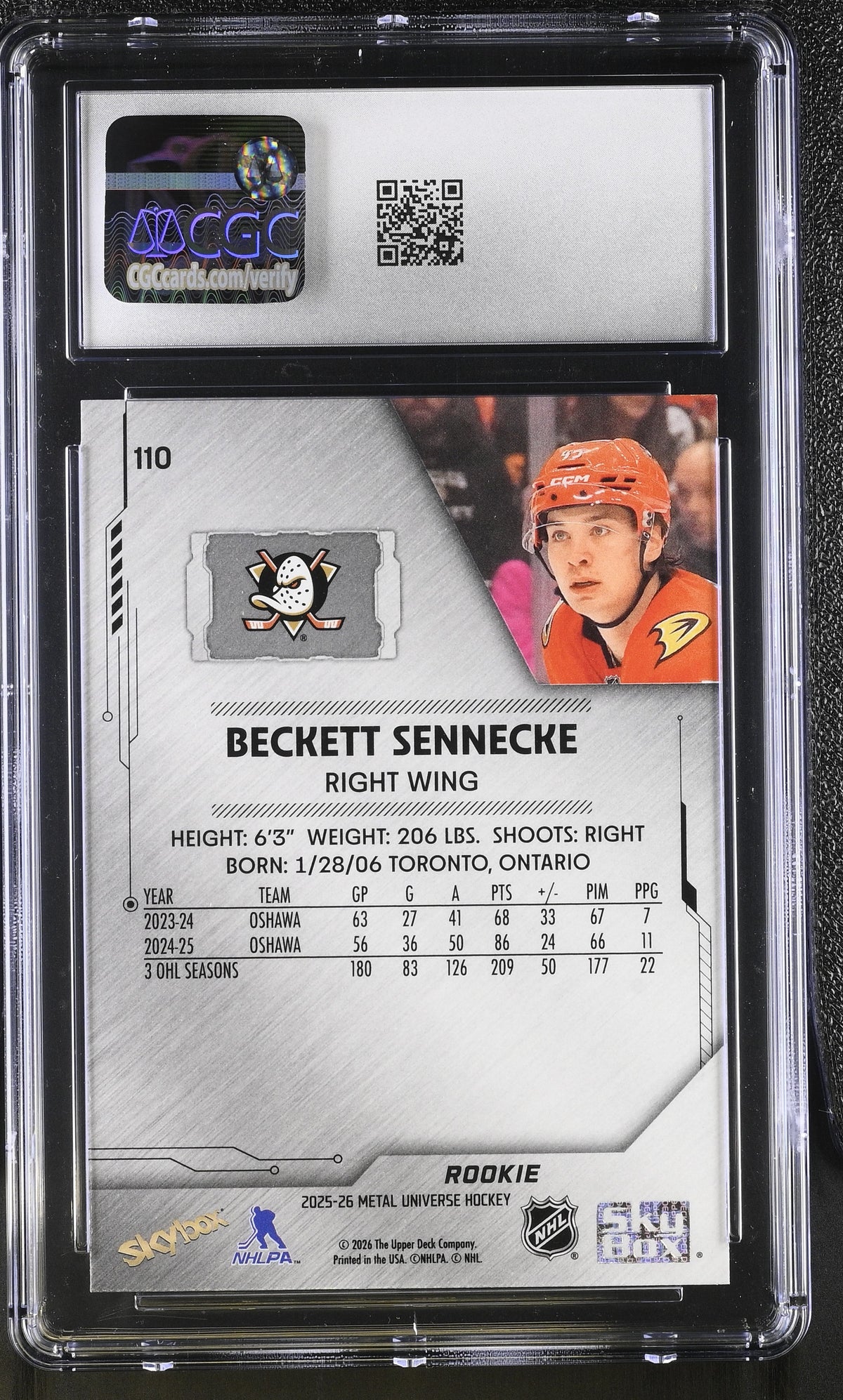 2025-26 Upper Deck Metal Universe Beckett Sennecke Rookie #110 CGC 10 Ducks