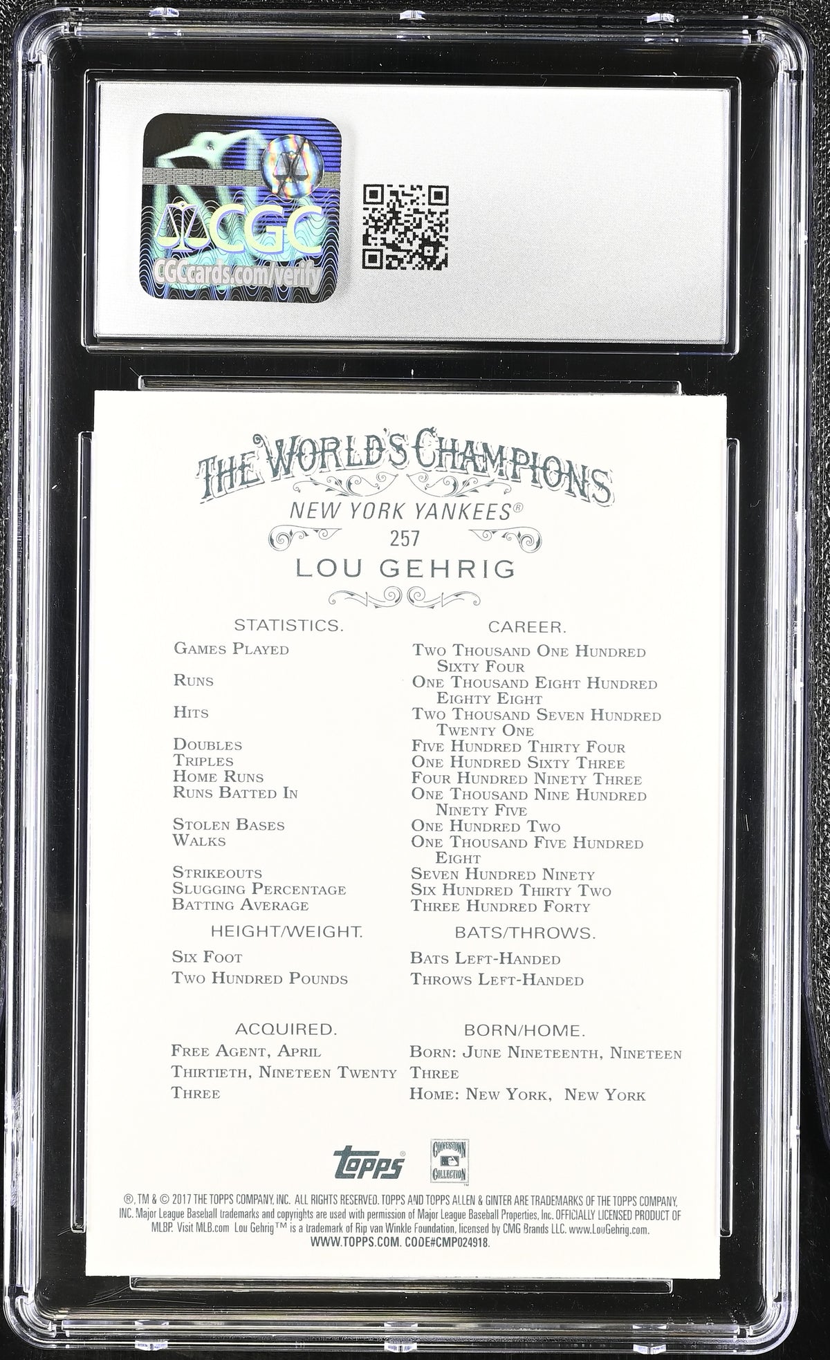 2017 Topps Allen & Ginter Lou Gehrig #257 CGC 10 New York Yankees