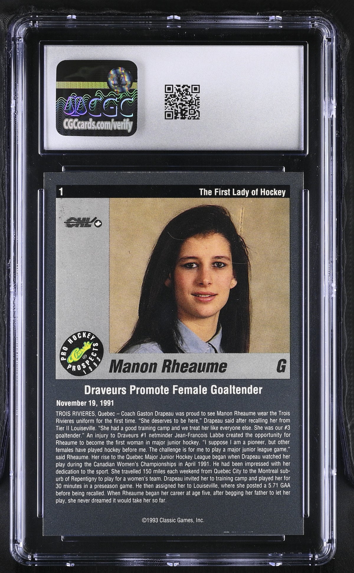 1993-94 Classic Pro Prospects Manon Rheaume Rookie #1 CGC 9.5
