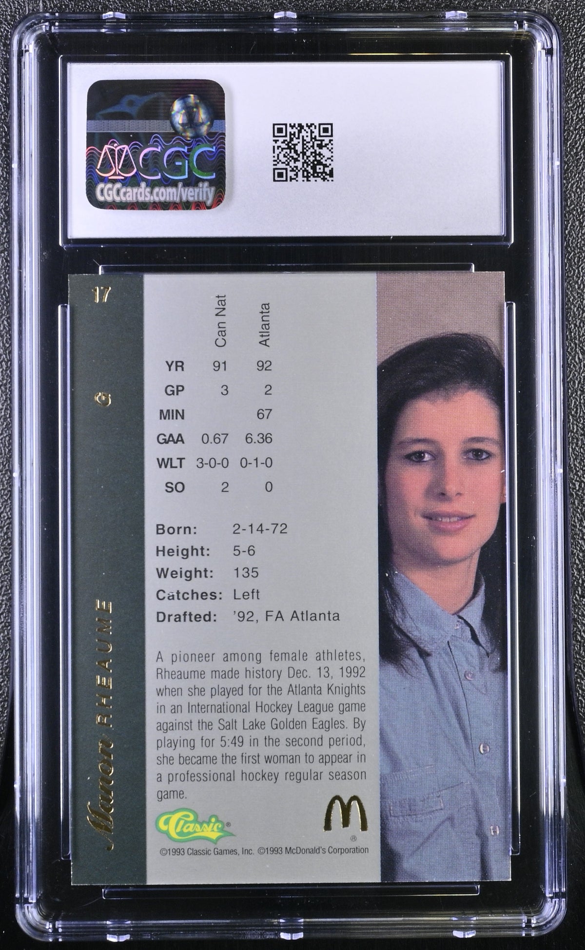 1993 Classic Four Sport Manon Rhéaume Rookie McDonald's #17 CGC 9.5