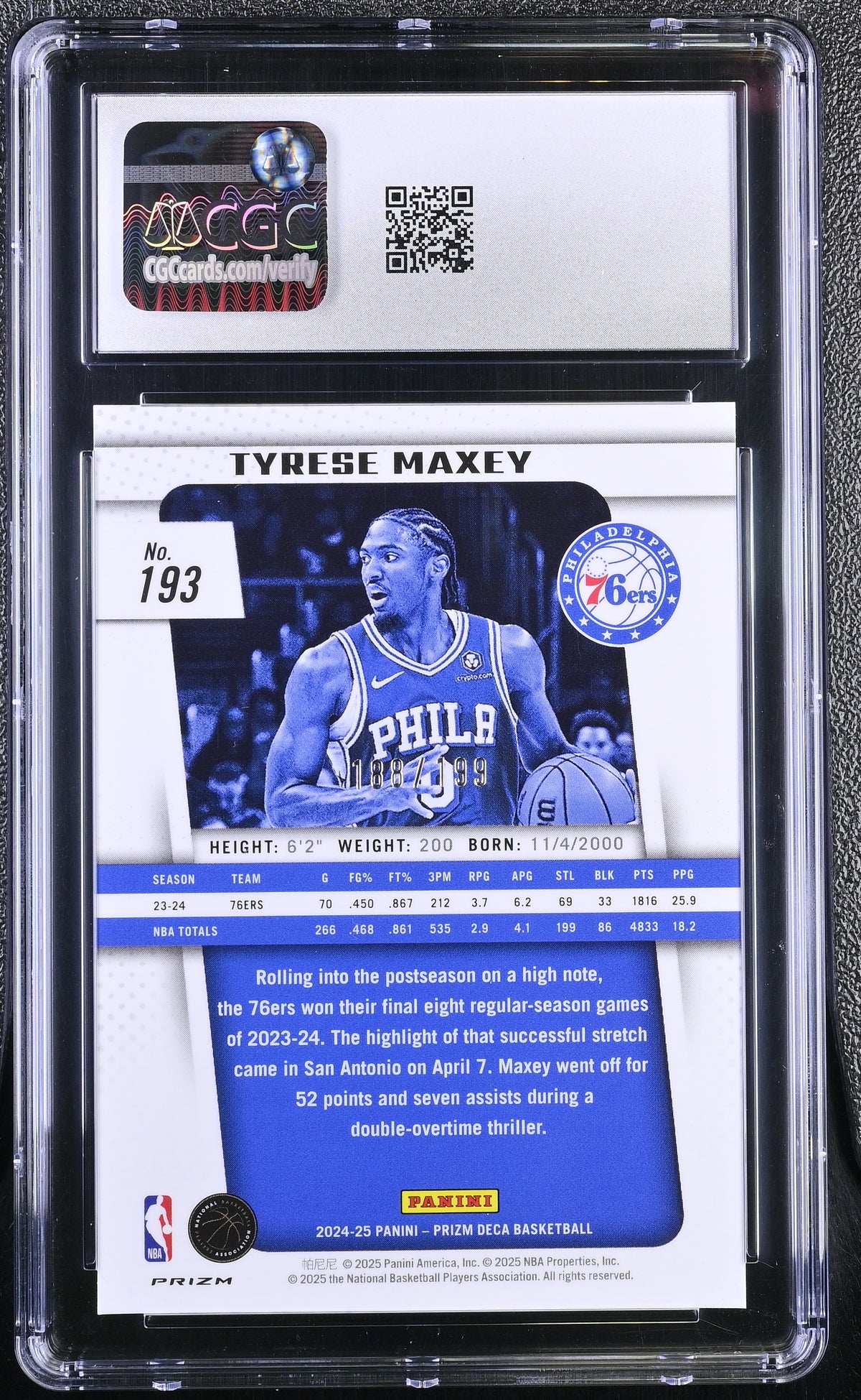 2024-25 Panini Prizm Deca Tyrese Maxey Red /199 #193 CGC 10 Philadelphia 76ers