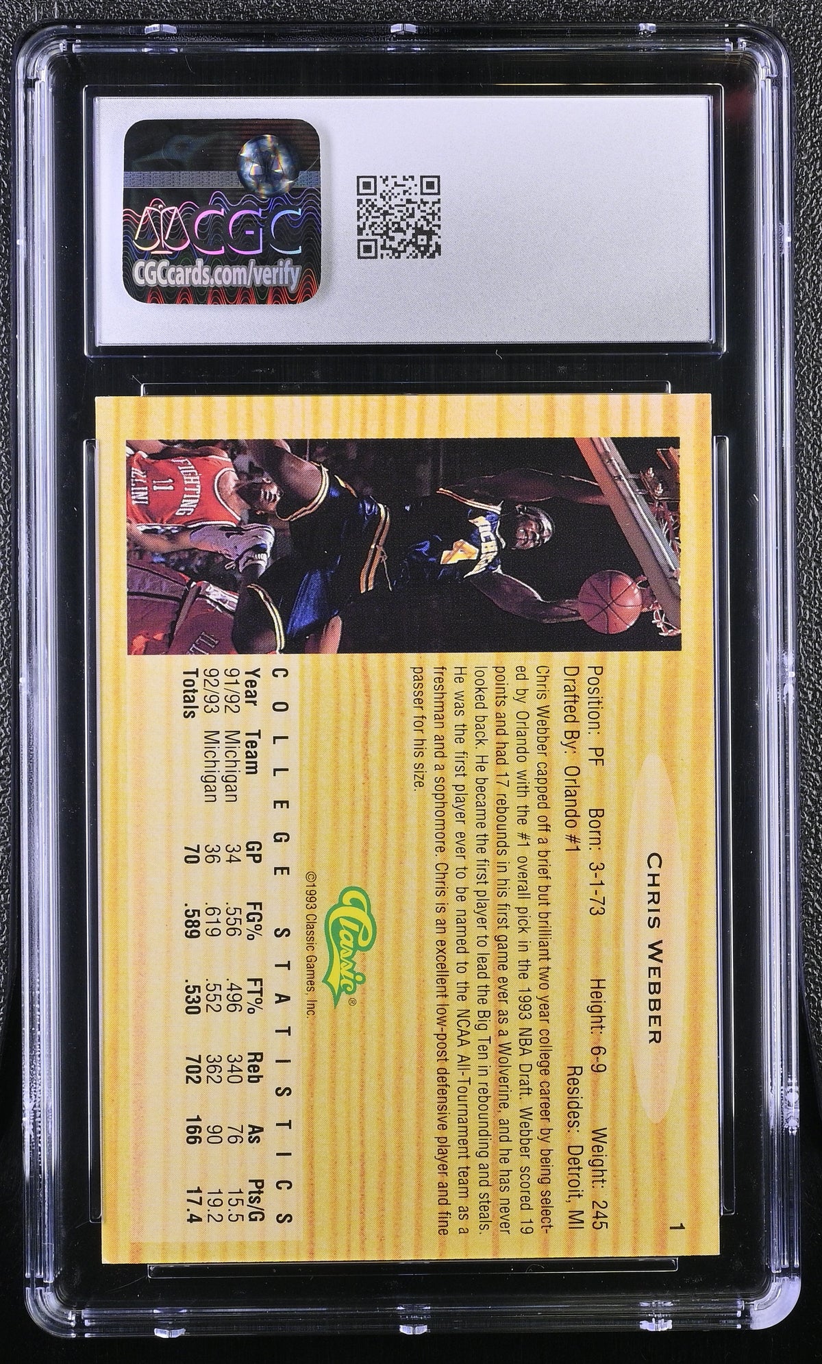 1993 Classic Draft Picks Chris Webber Rookie #1 CGC 9.5 Michigan Wolverines