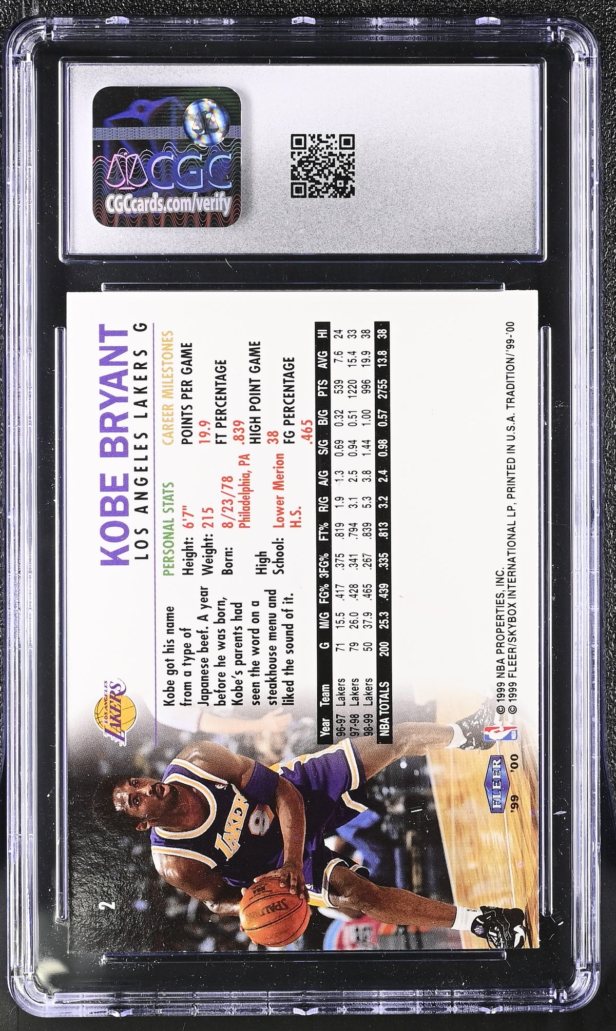 1999-00 Fleer Tradition Kobe Bryant #2 CGC 9 Los Angeles Lakers