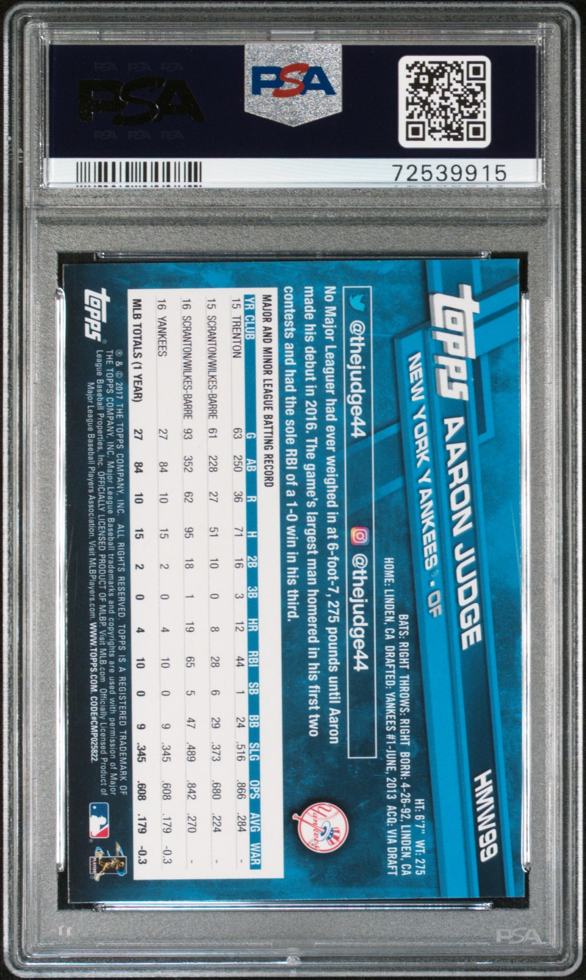 2017 Topps Holiday Aaron Judge Rookie #99 PSA 10 New York Yankees