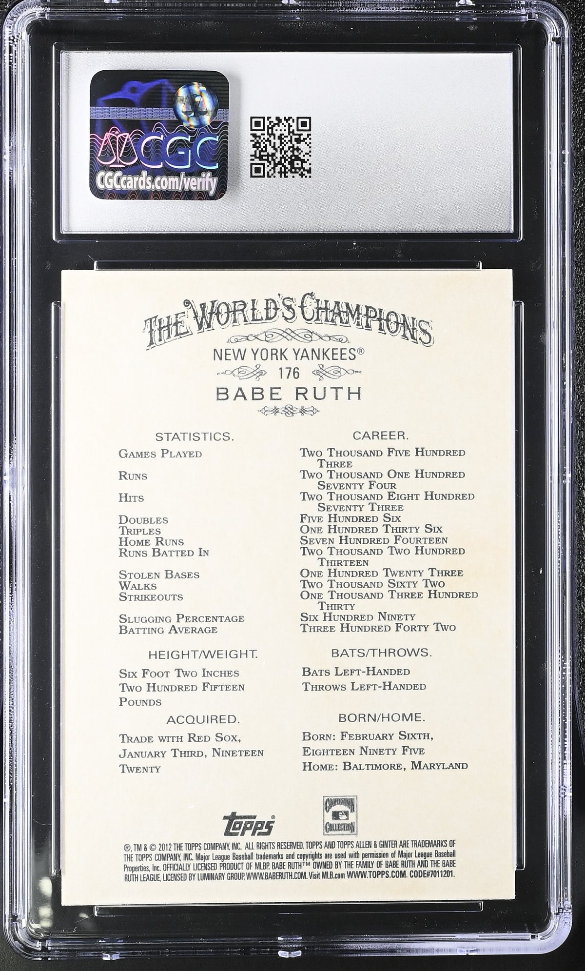 2012 Topps Allen & Ginter Babe Ruth #176 CGC 10 New York Yankees