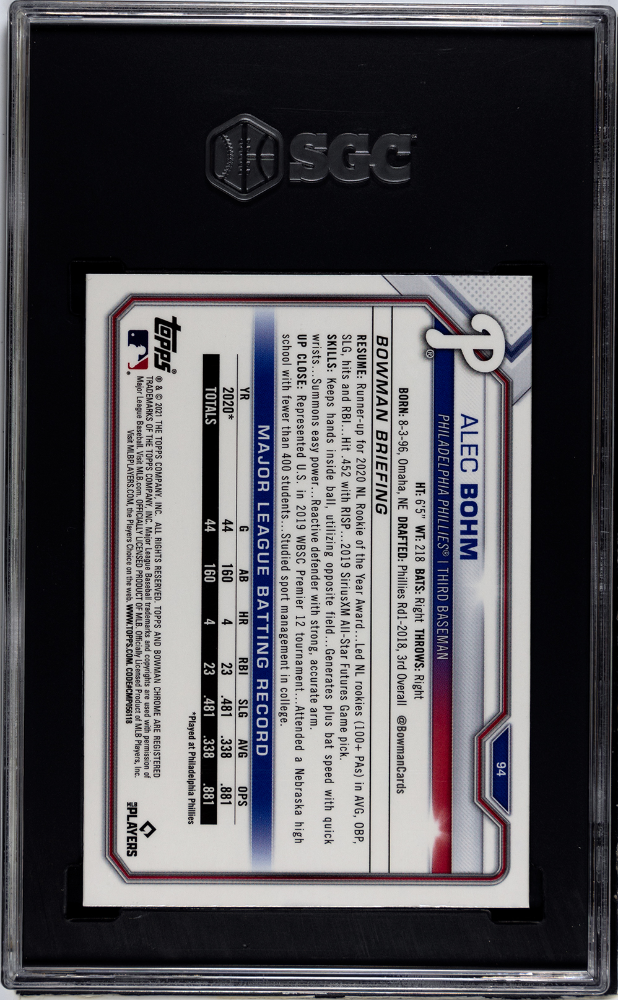 2021 Bowman Chrome Sapphire Alec Bohm Rookie #94 SGC 10 Philadelphia Phillies