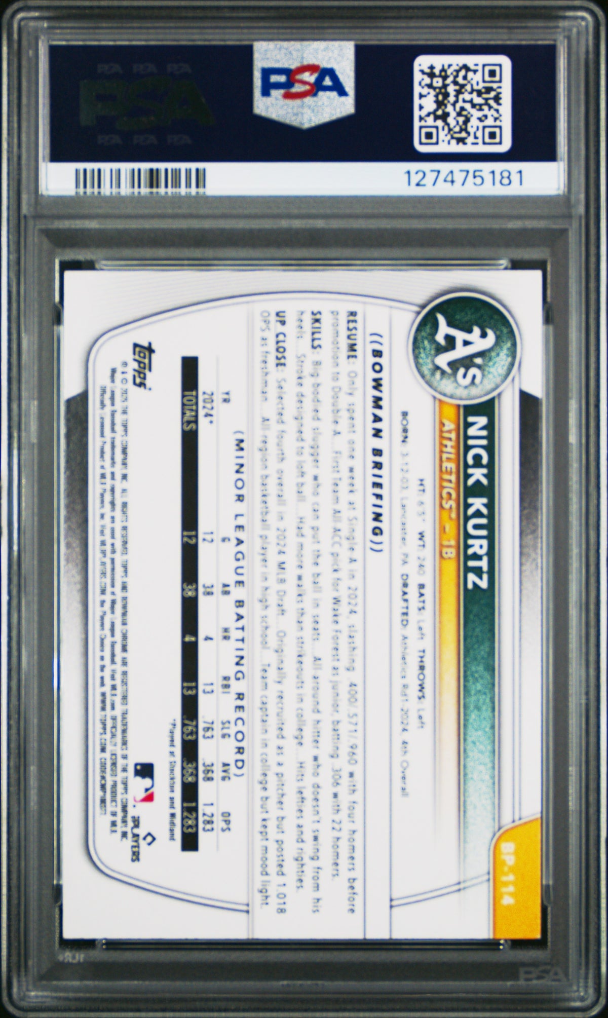2025 Bowman Prospects Nick Kurtz Blue Pattern /125 Rookie #BP114 PSA 9 Athletics
