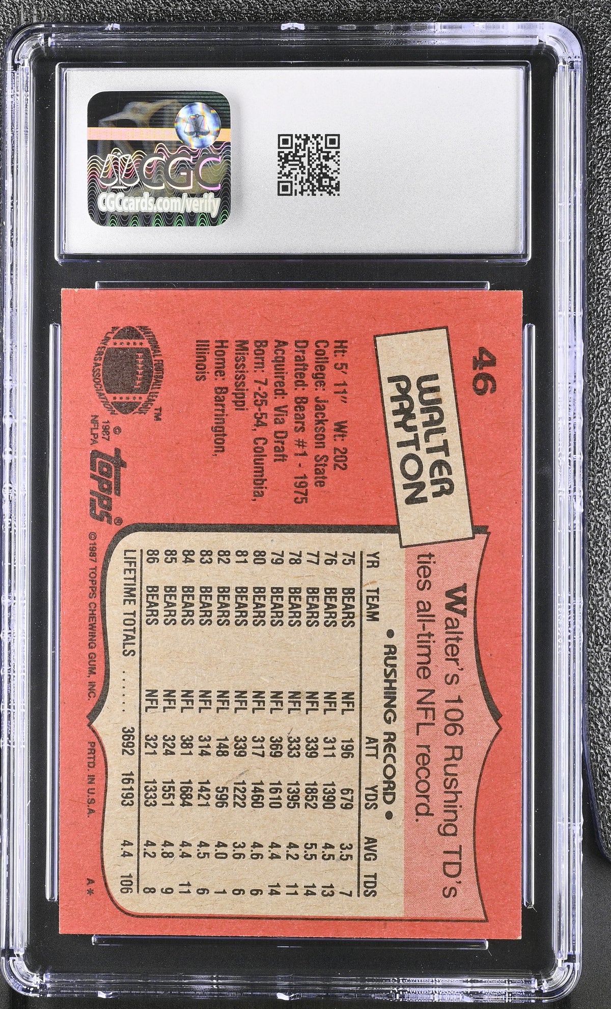 1987 Topps Walter Payton #46 CGC 8 Chicago Bears