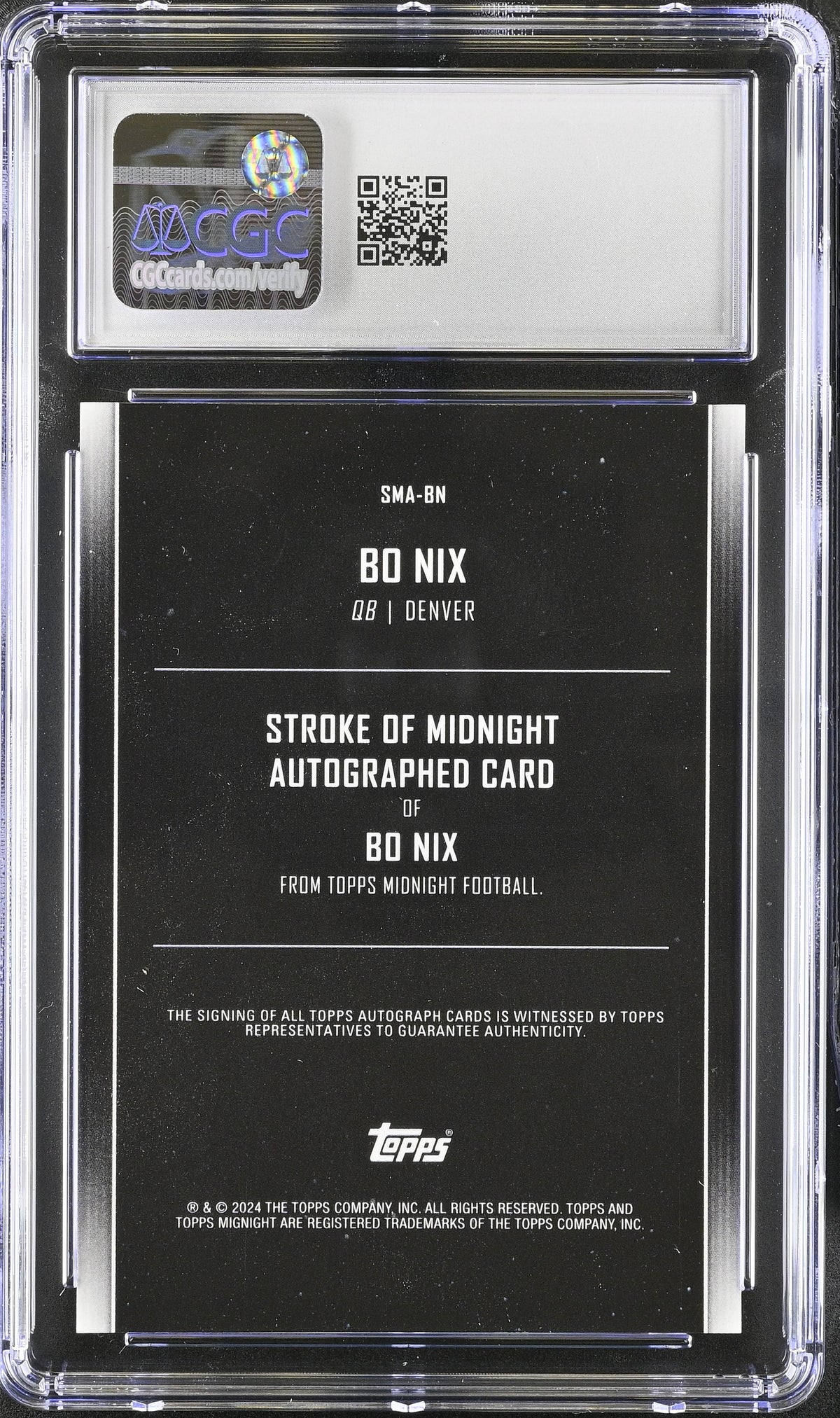 2024 Topps Midnight Bo Nix Rookie Stroke of Midnight Auto #SMA-BN CGC 9 Broncos