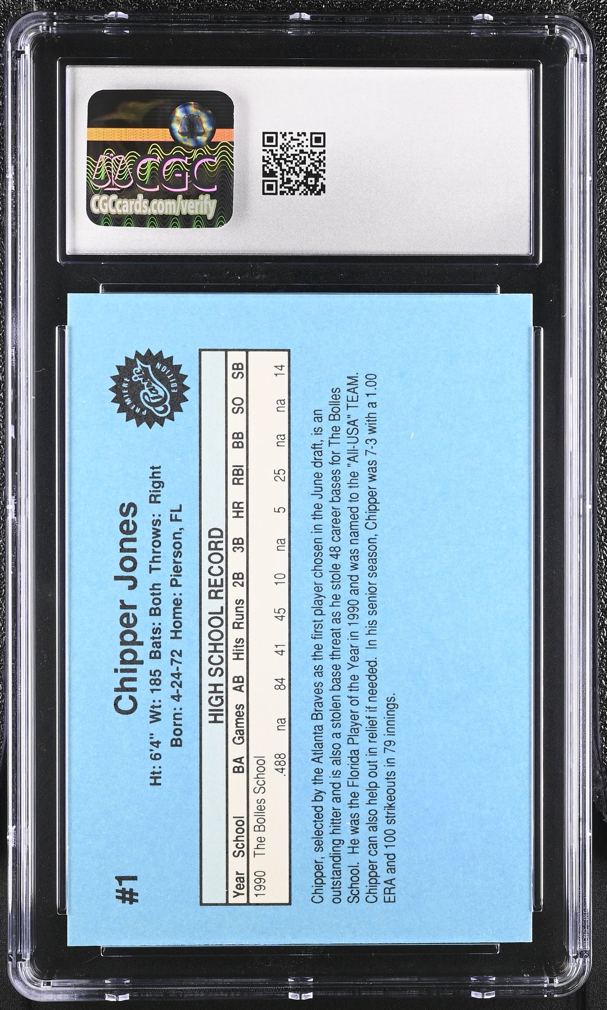1990 Classic Draft Picks Chipper Jones Rookie #1 CGC 9.5