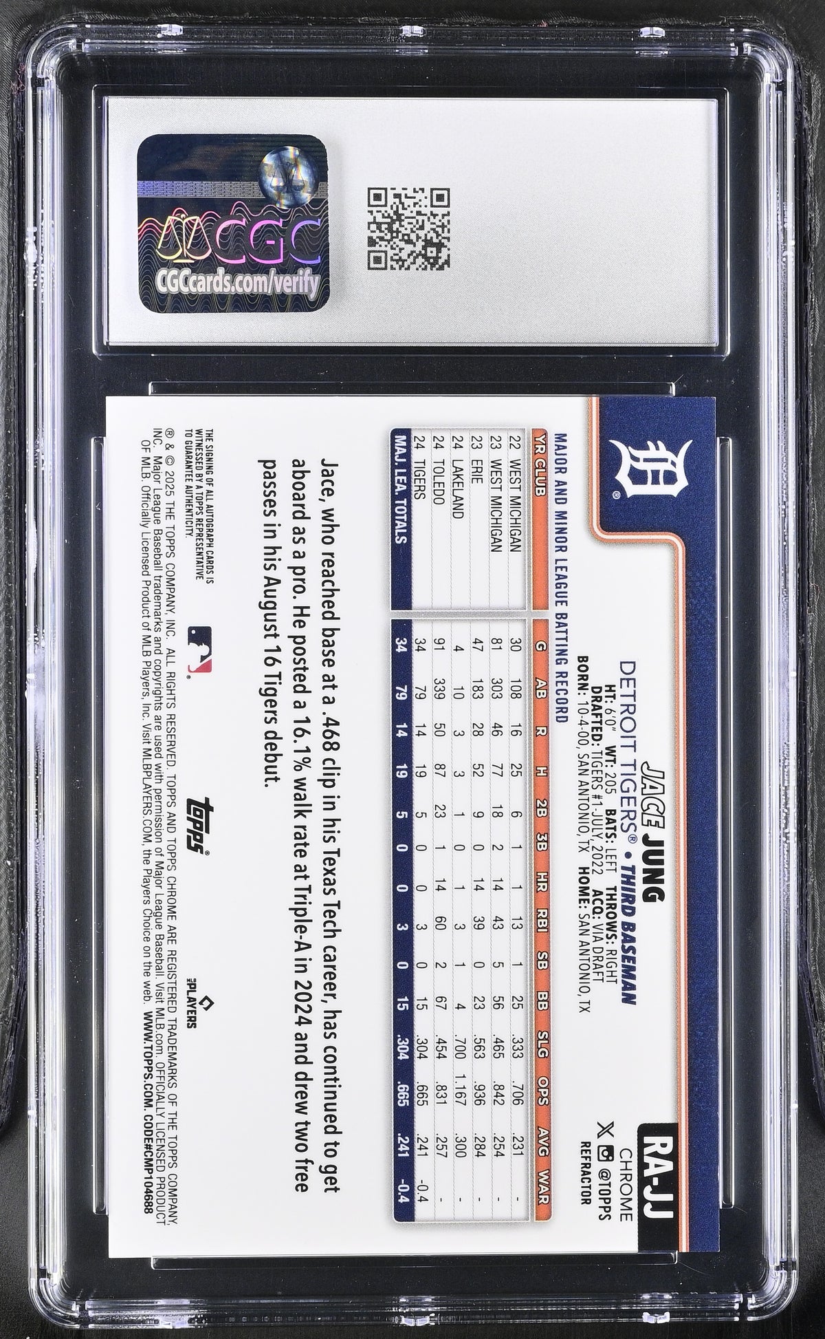 2025 Topps Chrome Jace Jung /499 Rookie Autographs #RA-JJ CGC 10 Tigers