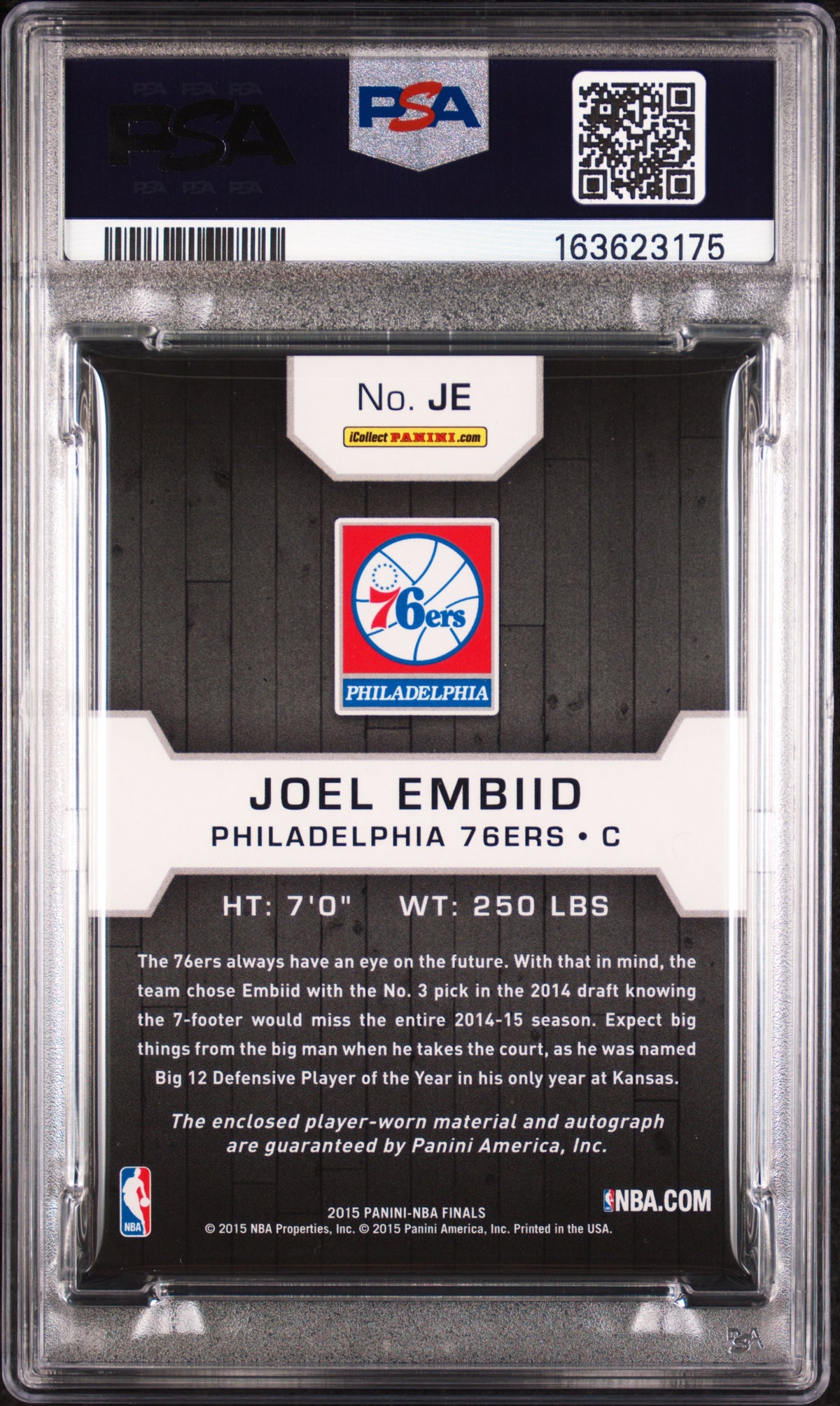 2015 Panini NBA Finals Signings Rookie Joel Embiid PVT. Auto. Patch /25 JE PSA 7