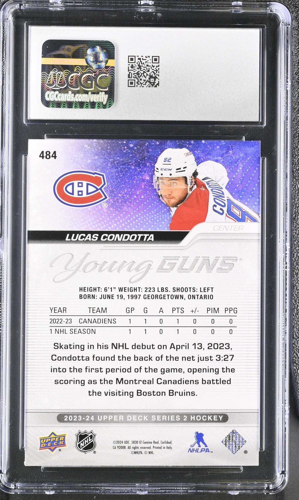 2023-24 Upper Deck Lucas Condotta Outburst Young Guns Rookie #484 CGC 10