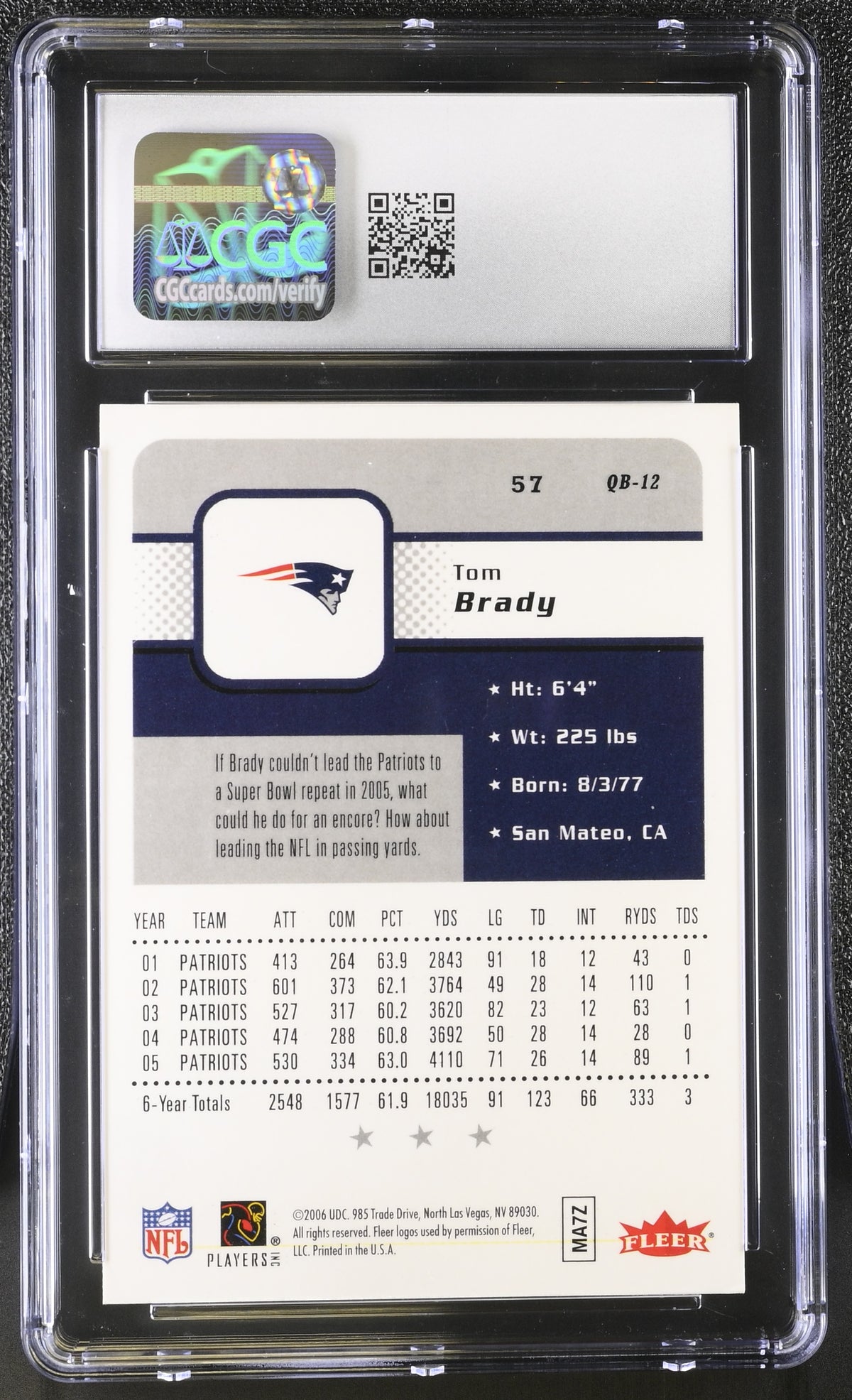 2006 Fleer Tom Brady #57 CGC 9 New England Patriots