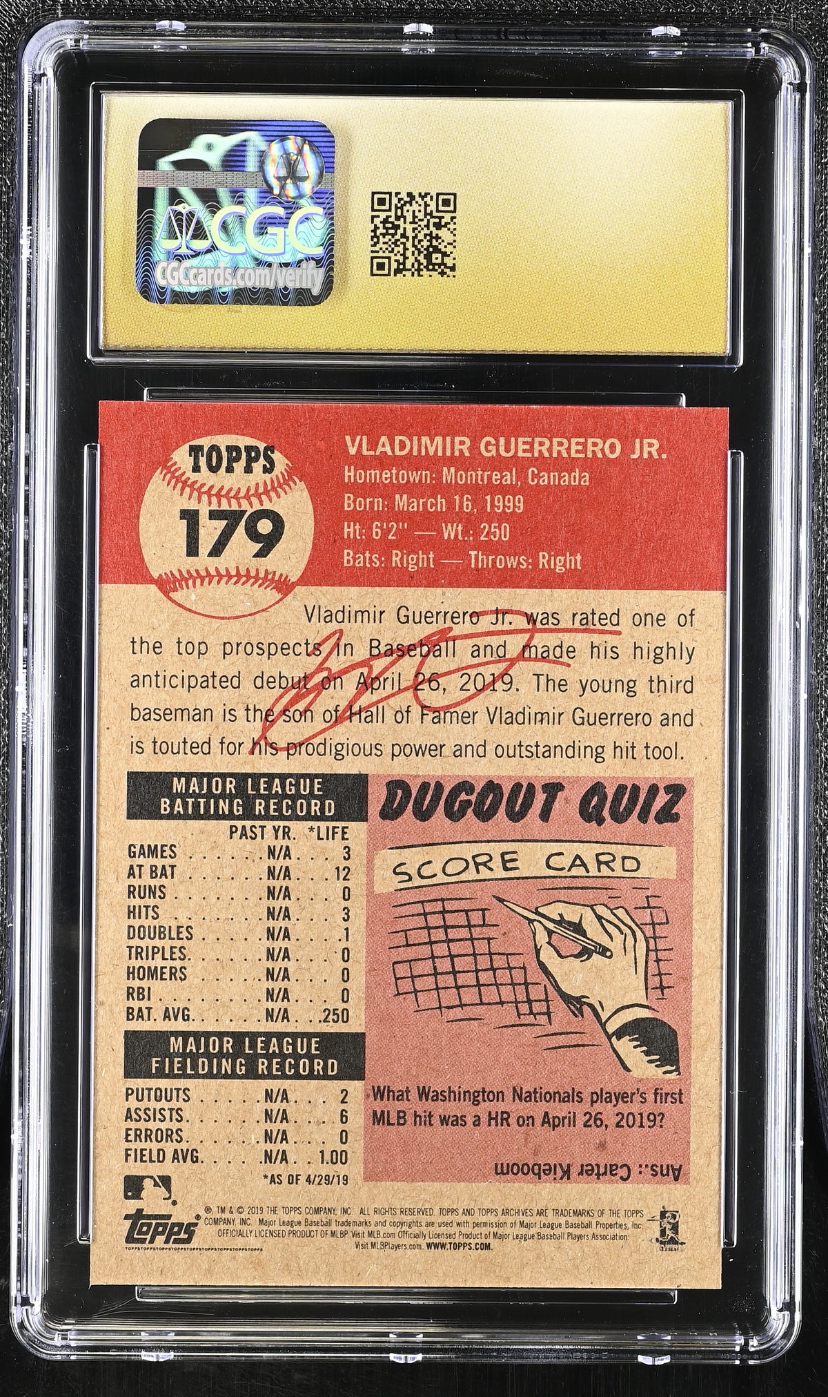 2019 Topps Living Set Vladimir Guerrero Jr. Rookie #179 CGC 10 Toronto Blue Jays