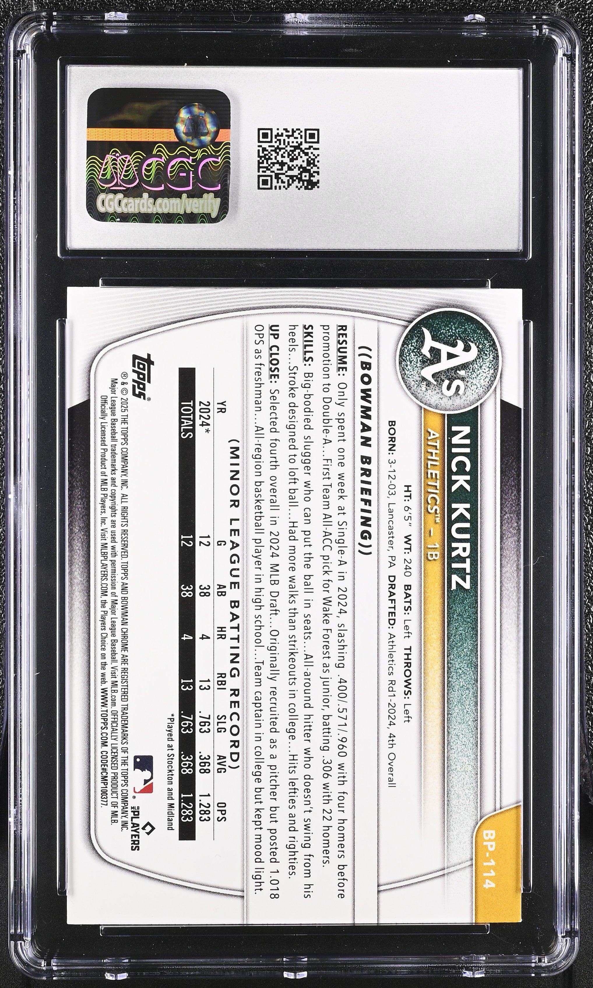 2025 Bowman Nick Kurtz #BP-114 Prospects CGC 10