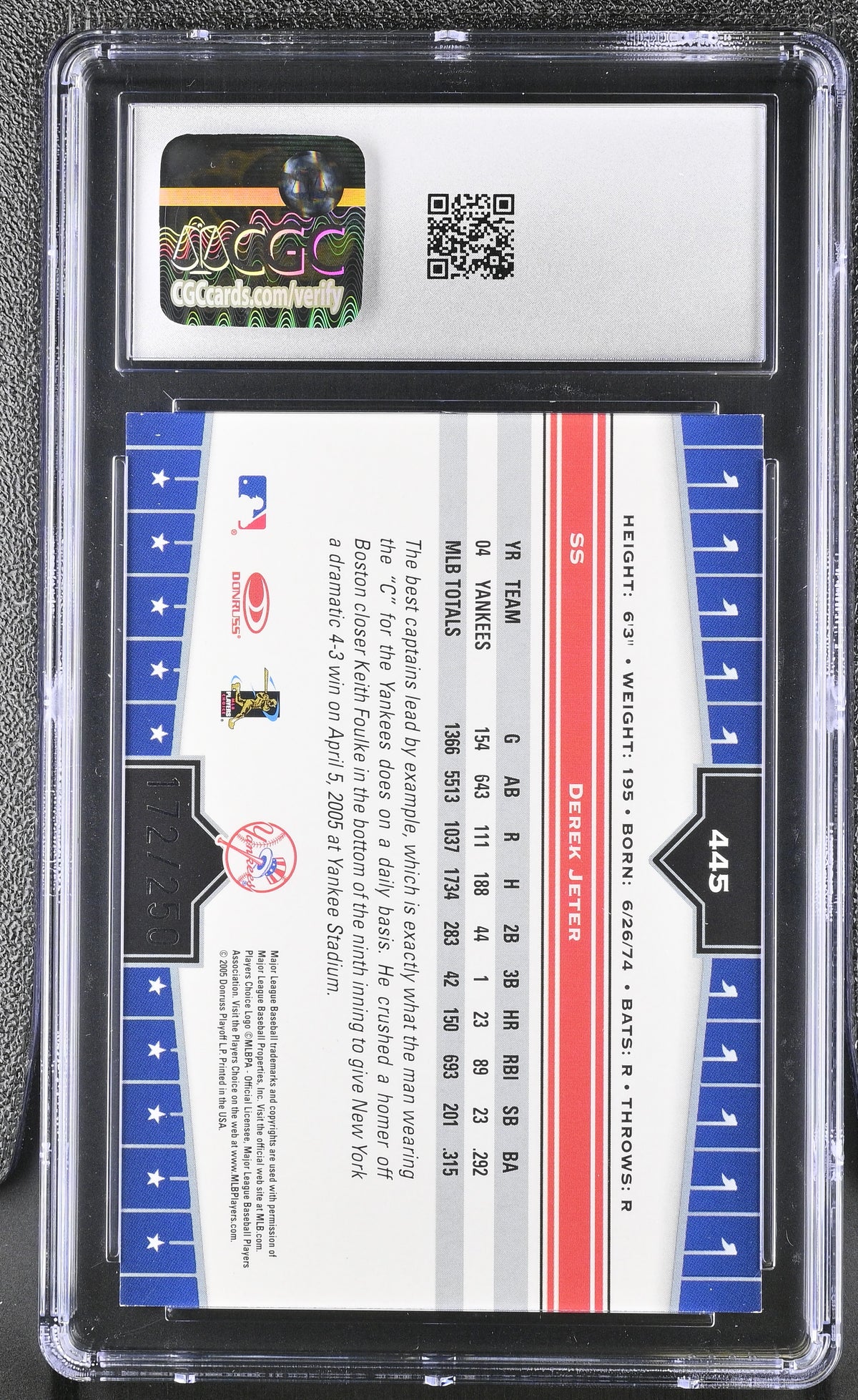 2005 Donruss Champions Derek Jeter Red Impressions #445 CGC 9.5 New York Yankees