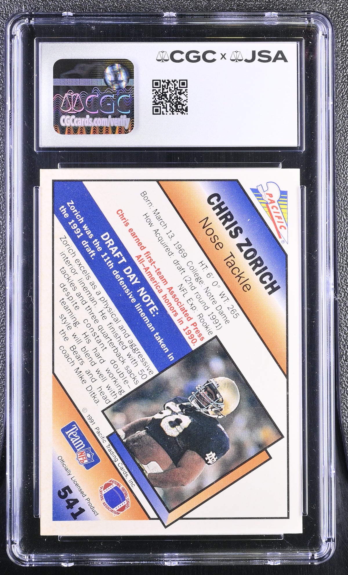1991 Pacific Chris Zorich Auto Autograph Rookie #541 CGC Authentic Notre Dame
