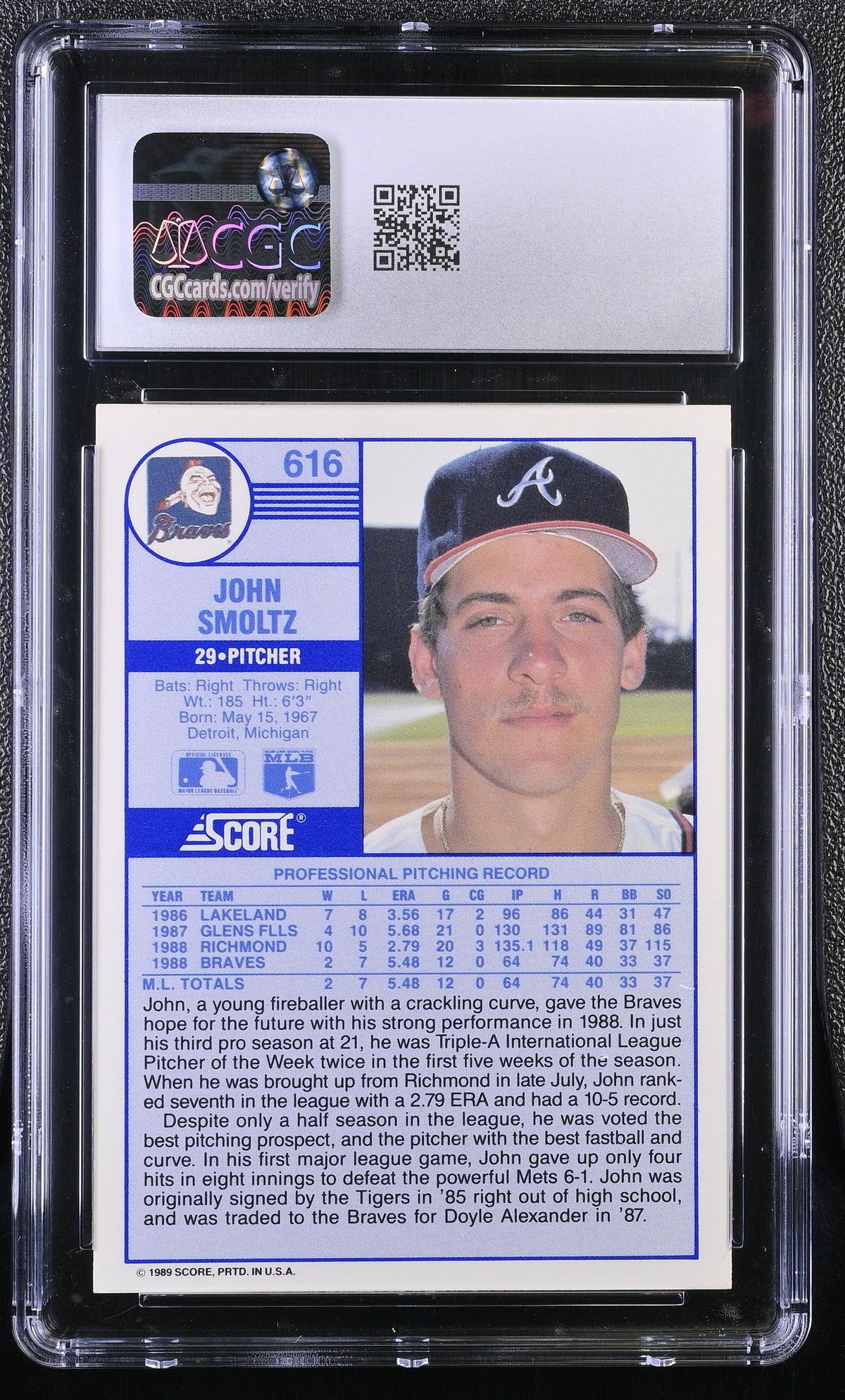 1989 Score John Smoltz Rookie #616 CGC 9.5 Atlanta Braves