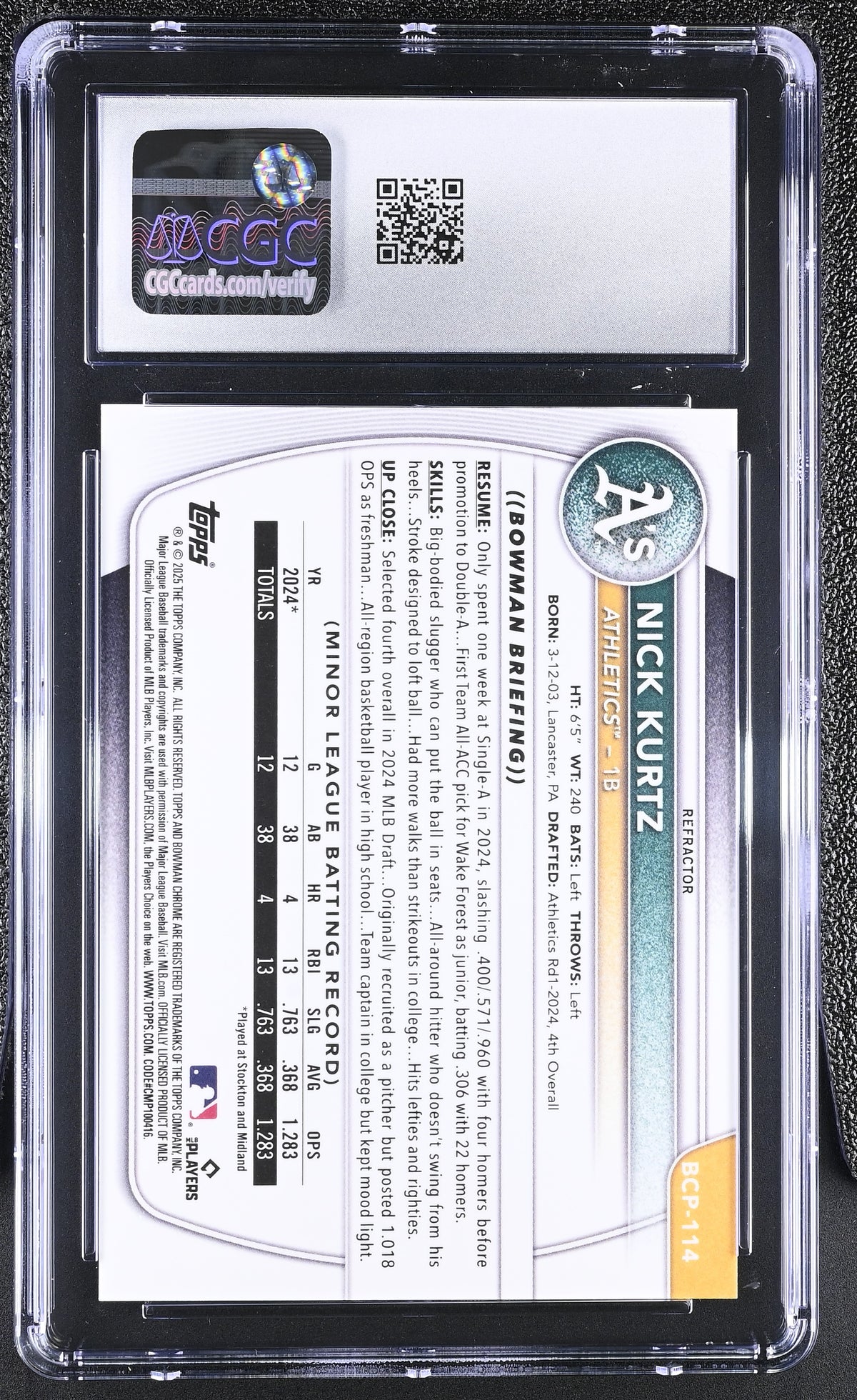 2025 Bowman Nick Kurtz Refractor /499 Rookie Chrome Prospects #BCP-114 CGC 10