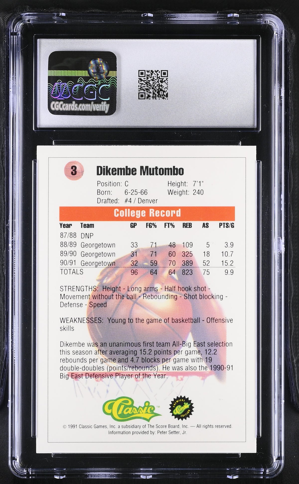 1991 Classic Dikembe Mutombo Rookie #3 CGC 9.5 Denver Nuggets