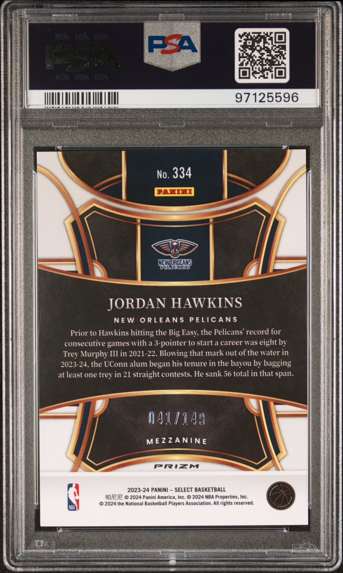 2023 Panini Select Jordan Hawkins White Prizm /149 Rookie #334 PSA 10 Pelicans