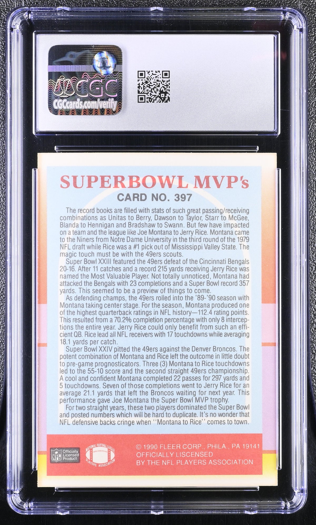 1990 Fleer Superbowl MVP's Jerry Rice/Joe Montana #397 CGC 9.5 49ers