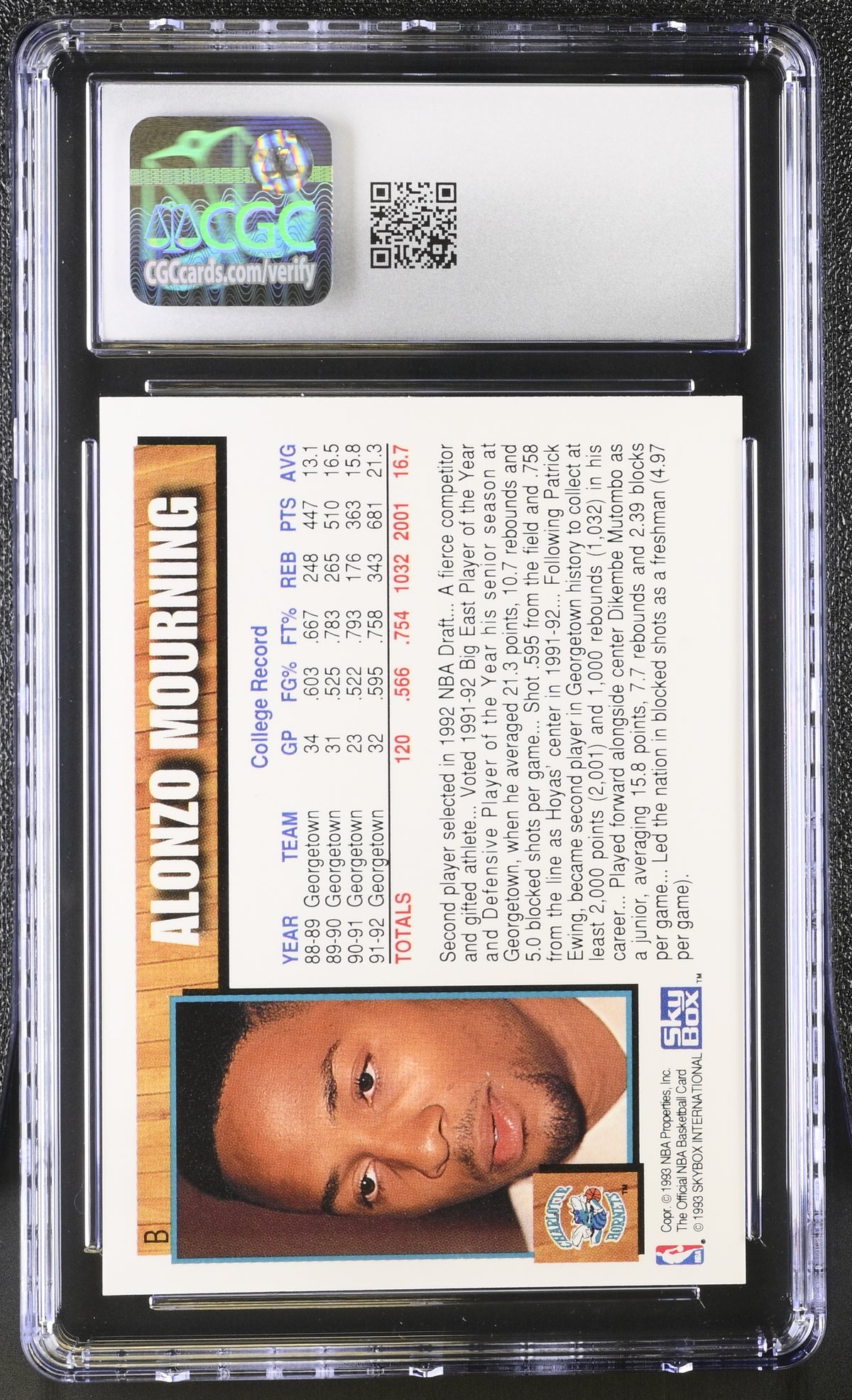 1992-93 Hoops Alonzo Mourning Rookie Draft Redemption #B CGC 9 Charlotte Hornets