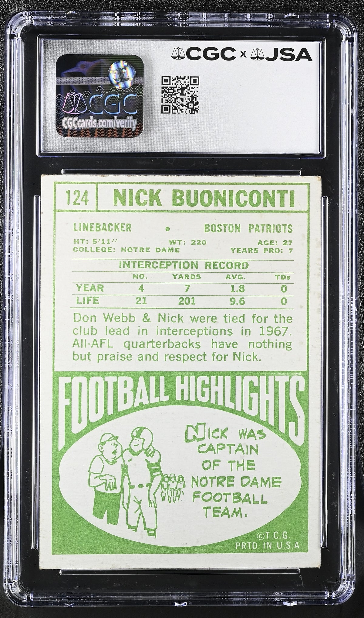 1968 Topps Nick Buoniconti Auto Autograph #124 CGC Authentic JSA Boston Patriots