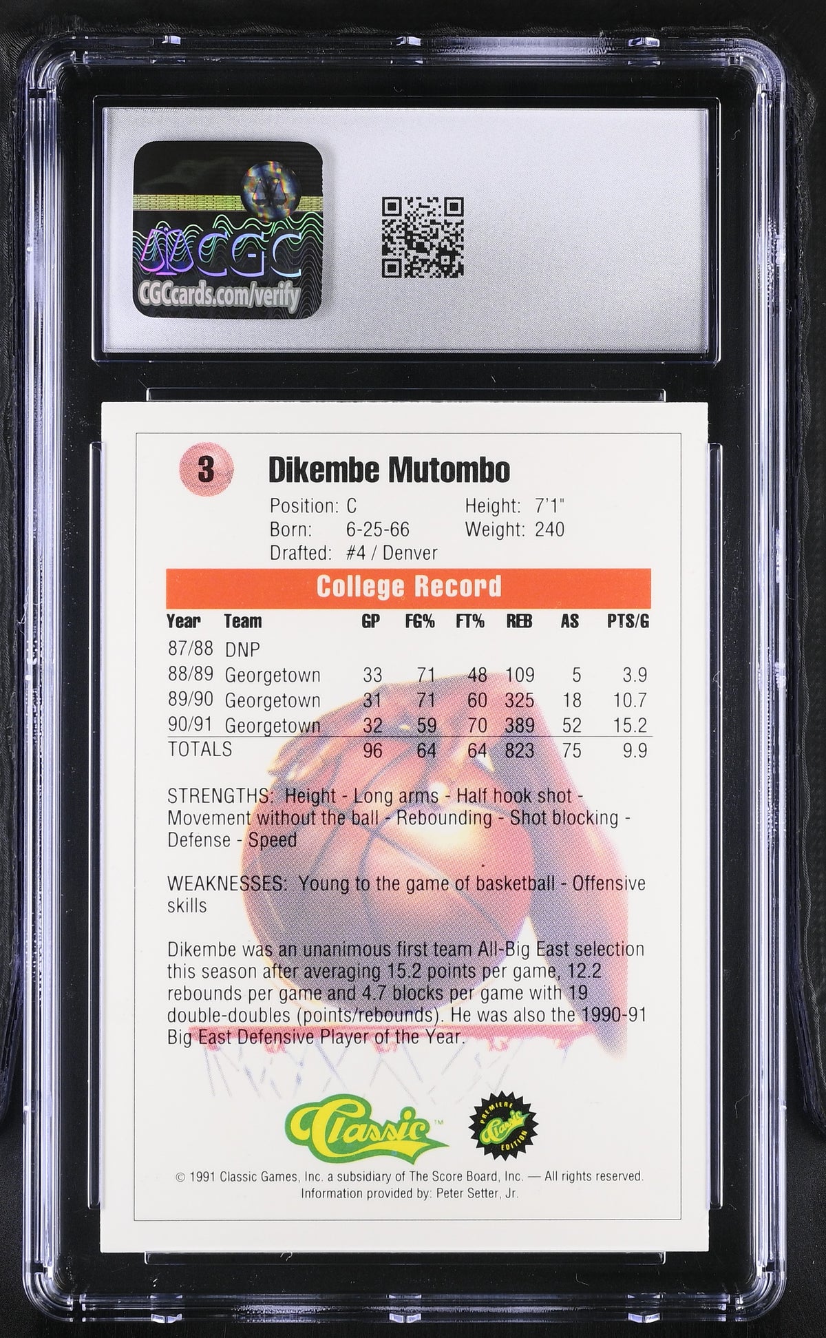 1991 Classic Dikembe Mutombo Rookie #3 CGC 9.5 Denver Nuggets