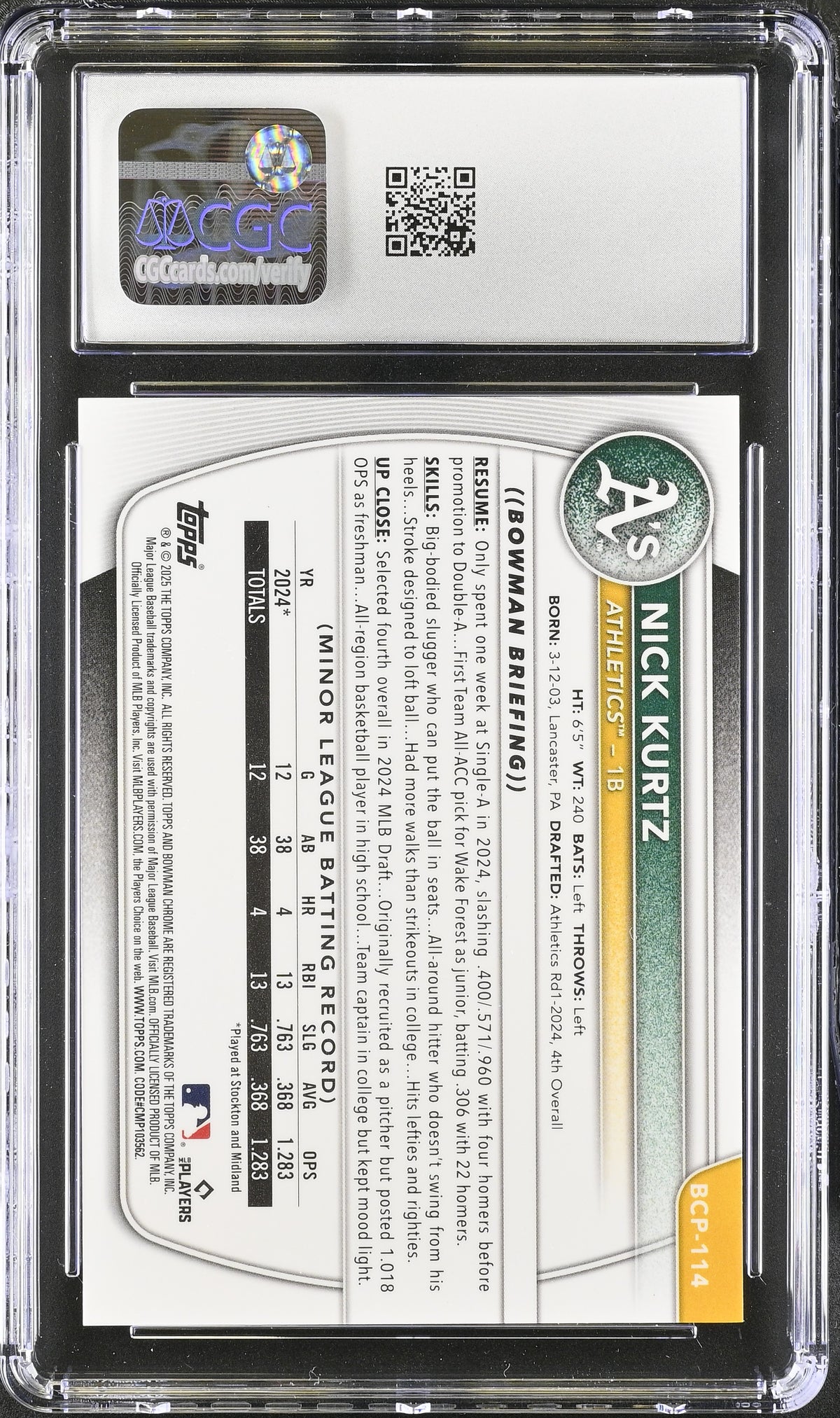 2025 Bowman Mega Box Nick Kurtz Gold /50 Rookie #BCP-114 CGC 9.5 Athletics