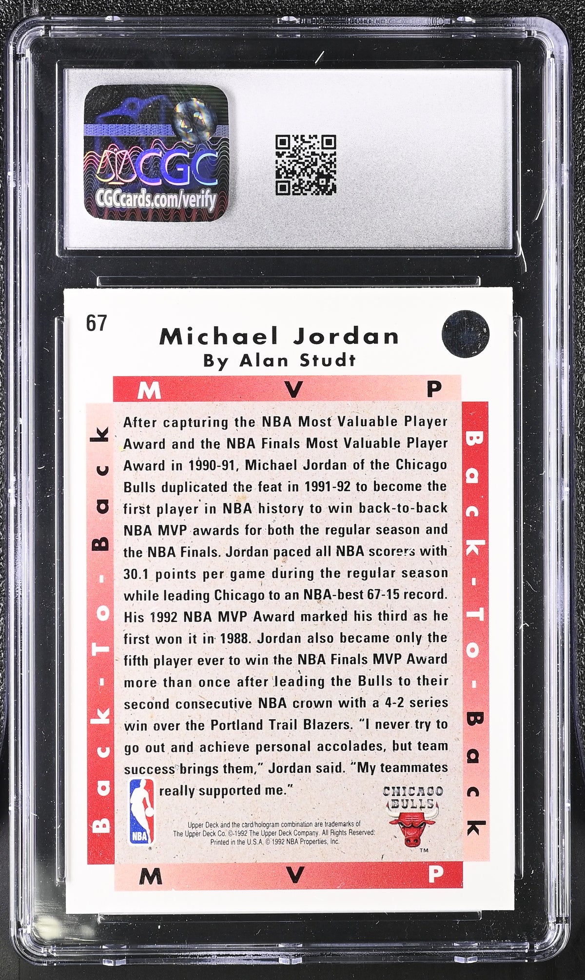 1992-93 Upper Deck Michael Jordan Back to Back MVP #67 CGC 9 Chicago Bulls
