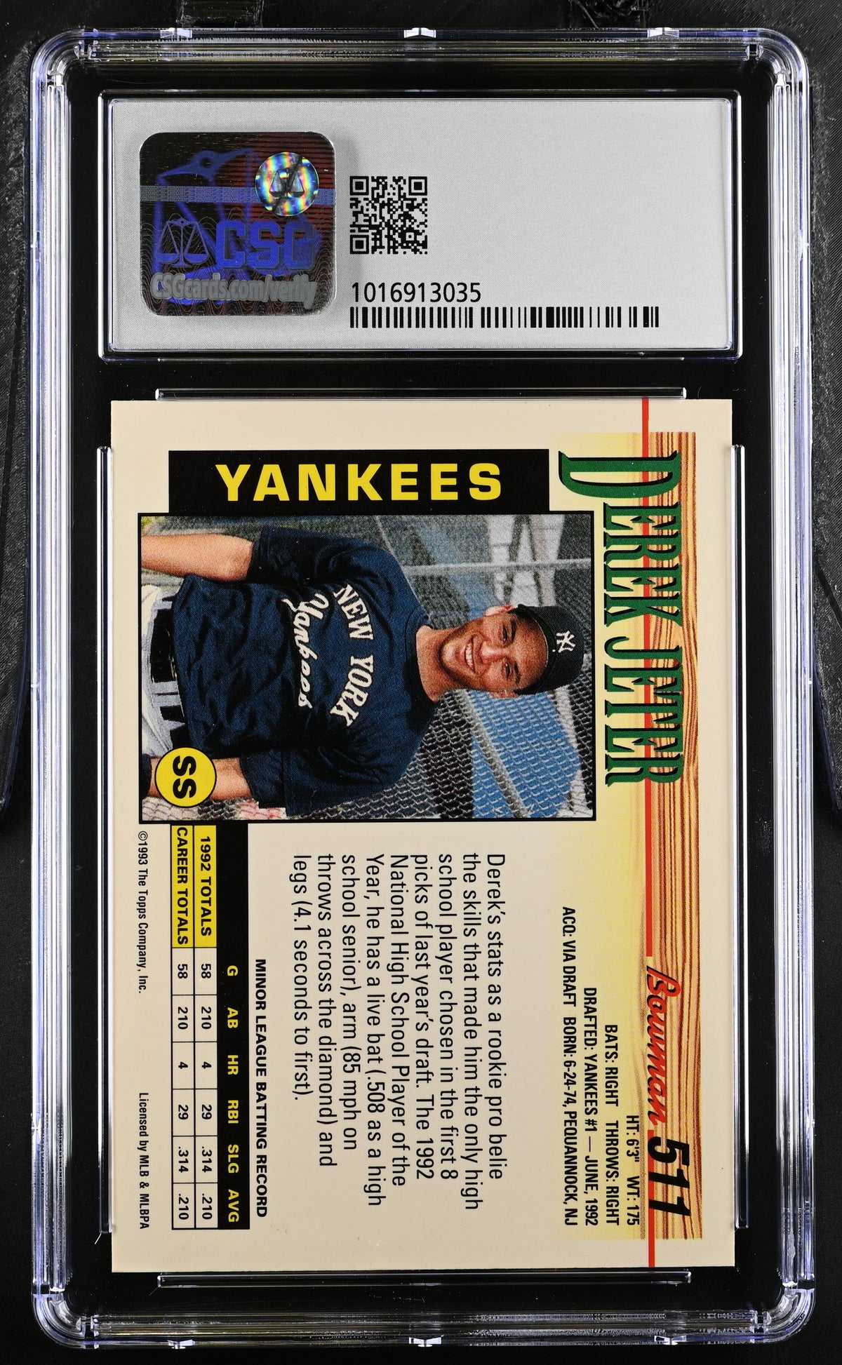 1993 Bowman Derek Jeter Rookie #511 CGC 6.5 New York Yankees