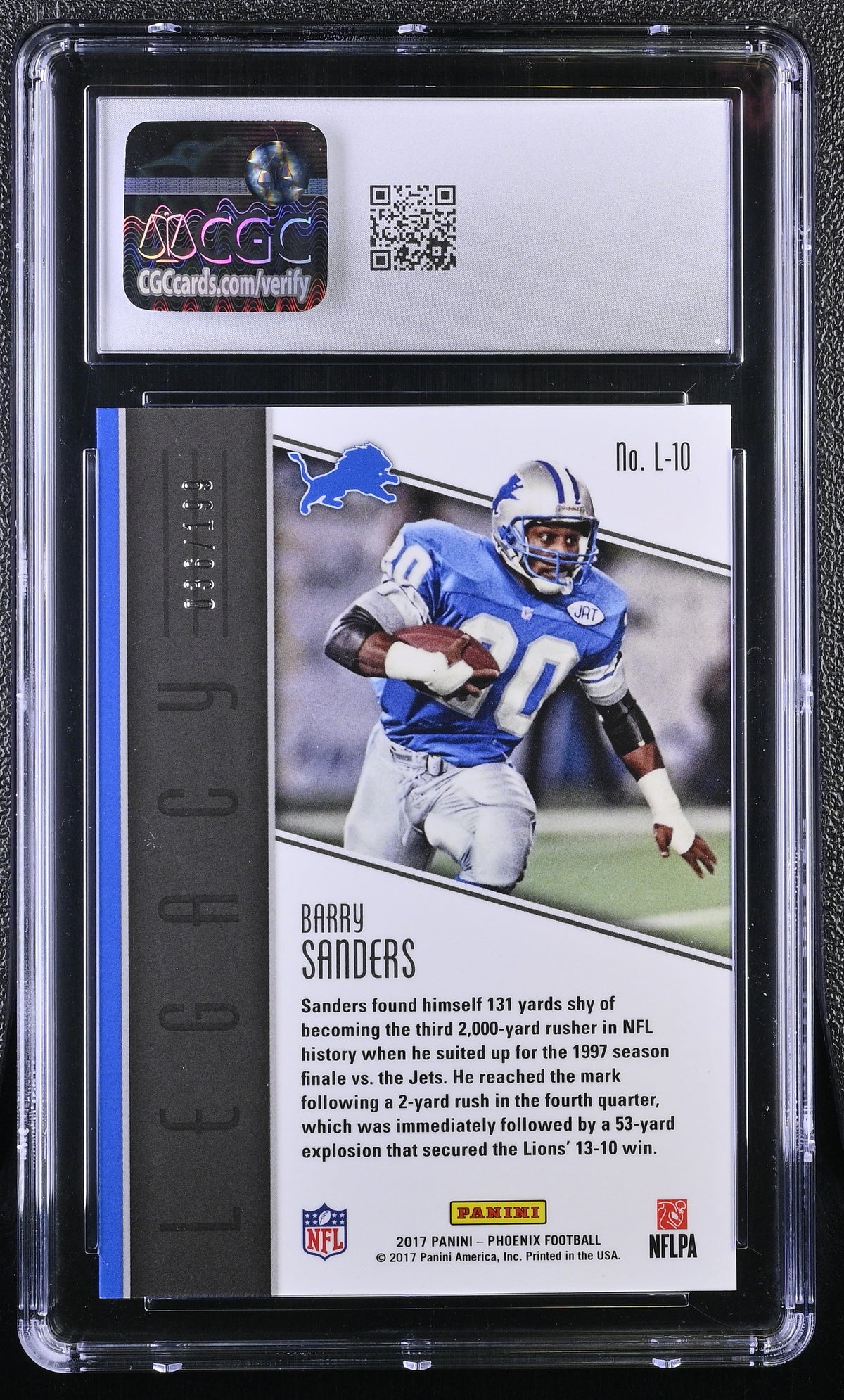 2017 Panini Phoenix Barry Sanders Pink /199 Legacy #L-10 CGC 9.5 Detroit Lions