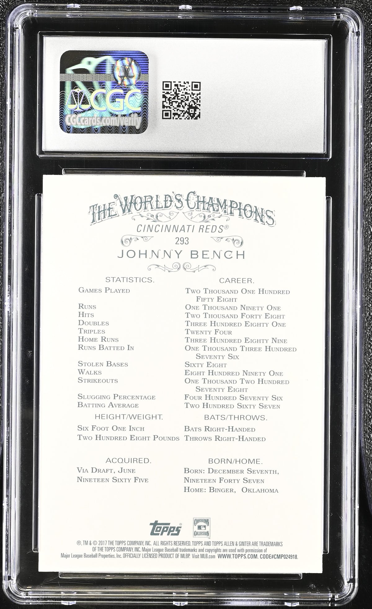 2017 Topps Allen & Ginter Johnny Bench #293 CGC 10 Cincinnati Reds