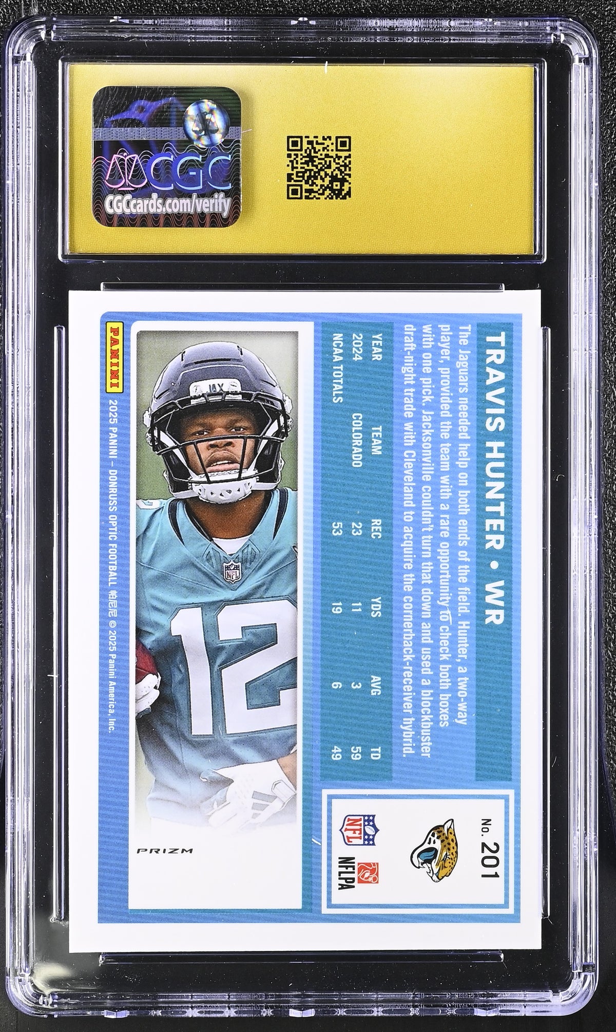 2025 Donruss Optic Travis Hunter Purple Shock Rookie 201 CGC 10 Pristine Jaguars