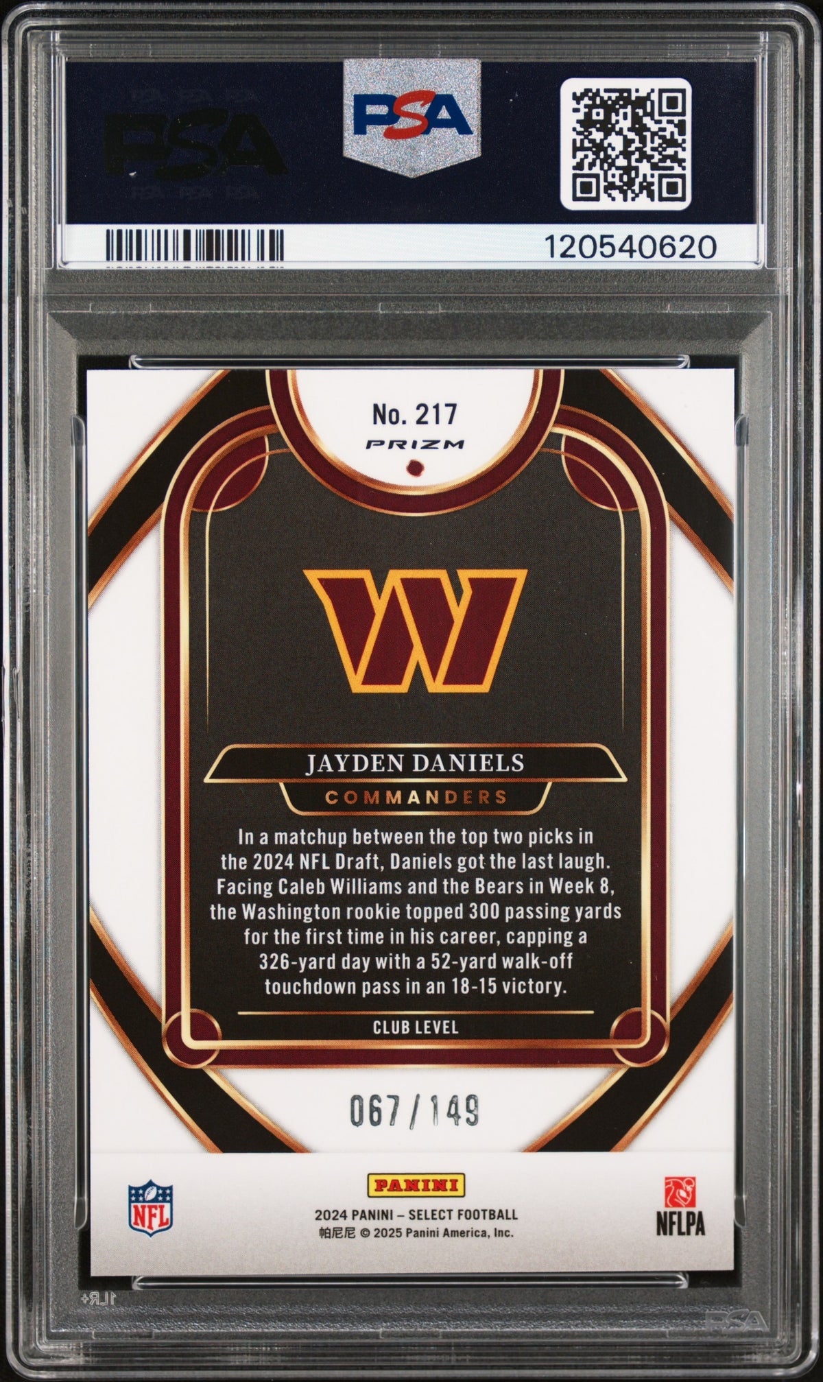 2024 Panini Select Jayden Daniels Tri Color /149 Rookie #217 PSA 9 Commanders