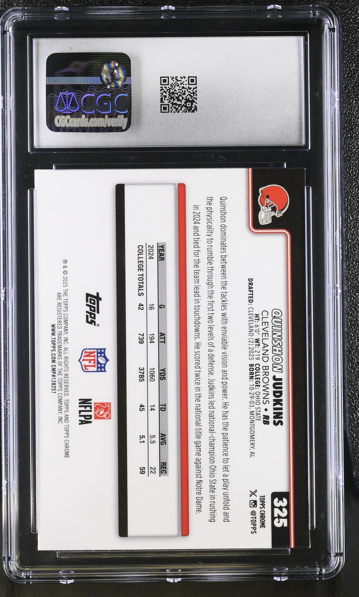 2025 Topps Chrome Quinshon Judkins Hot Pink X-Fractor Rookie #325 CGC 9 Browns