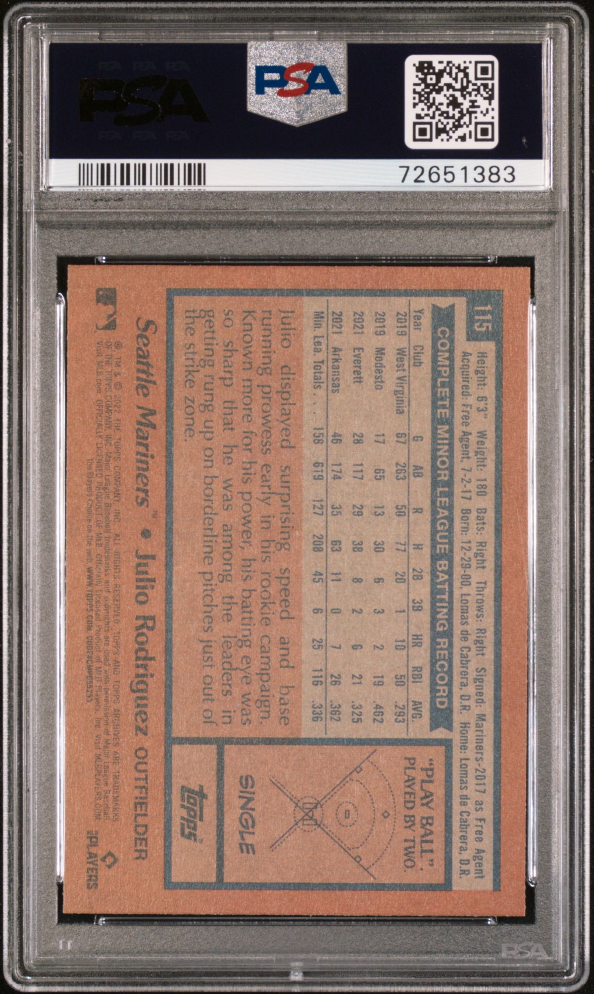 2022 Topps Archives Julio Rodriguez Rookie #115 PSA 10 Seattle Mariners