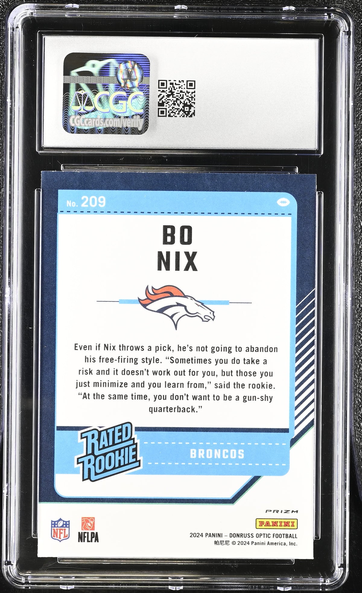 2024 Donruss Optic Bo Nix Purple Shock Rookie #209 CGC 10 Denver Broncos