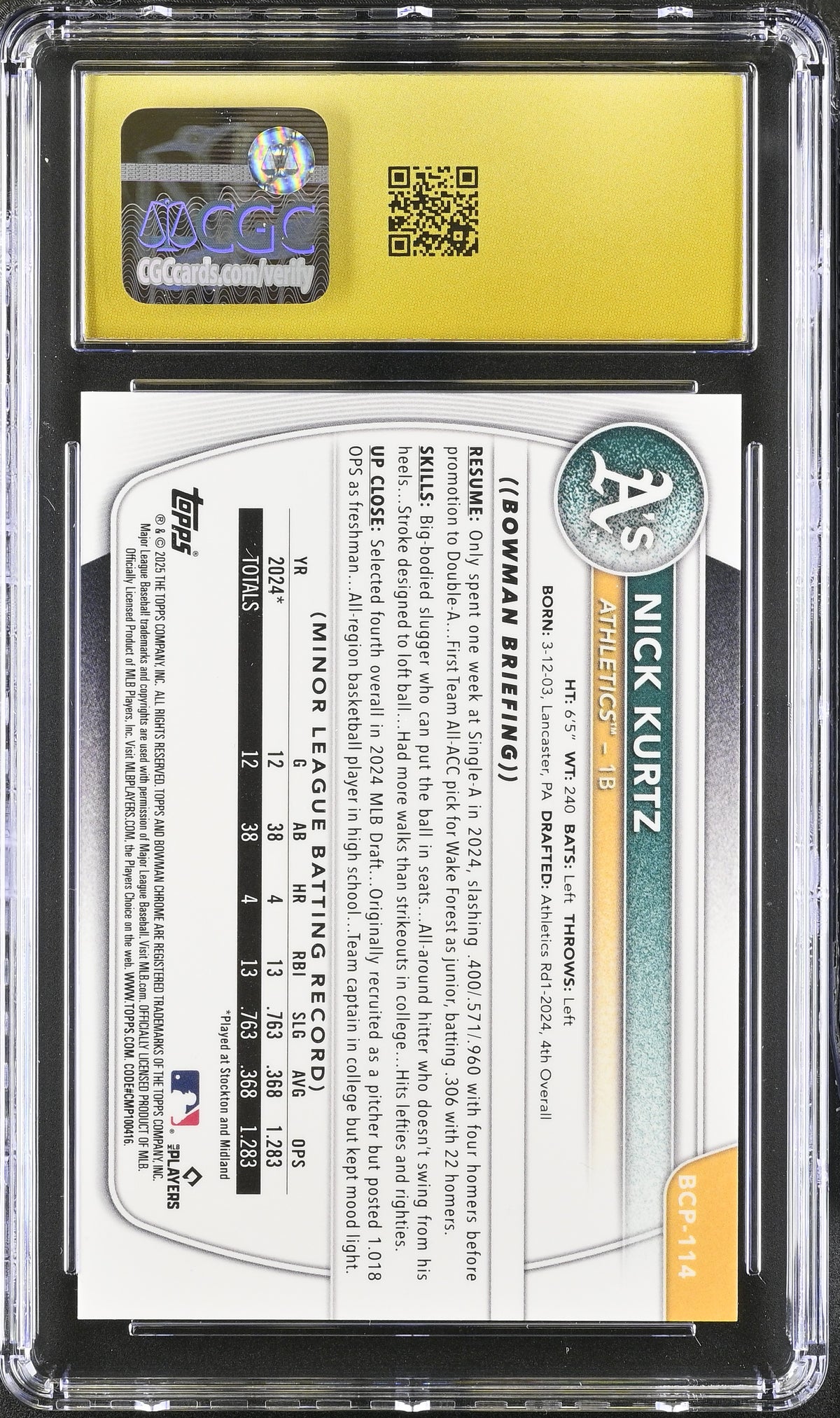 2025 Bowman Nick Kurtz Popcorn Refractor Rookie Chrome #BCP-114 CGC 10 Pristine