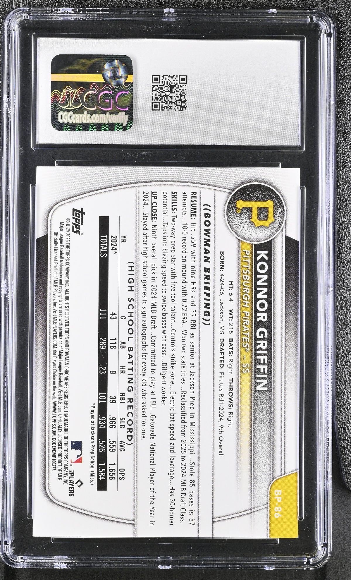 2025 Bowman Konnor Griffin Prospects #BP-86 CGC 10