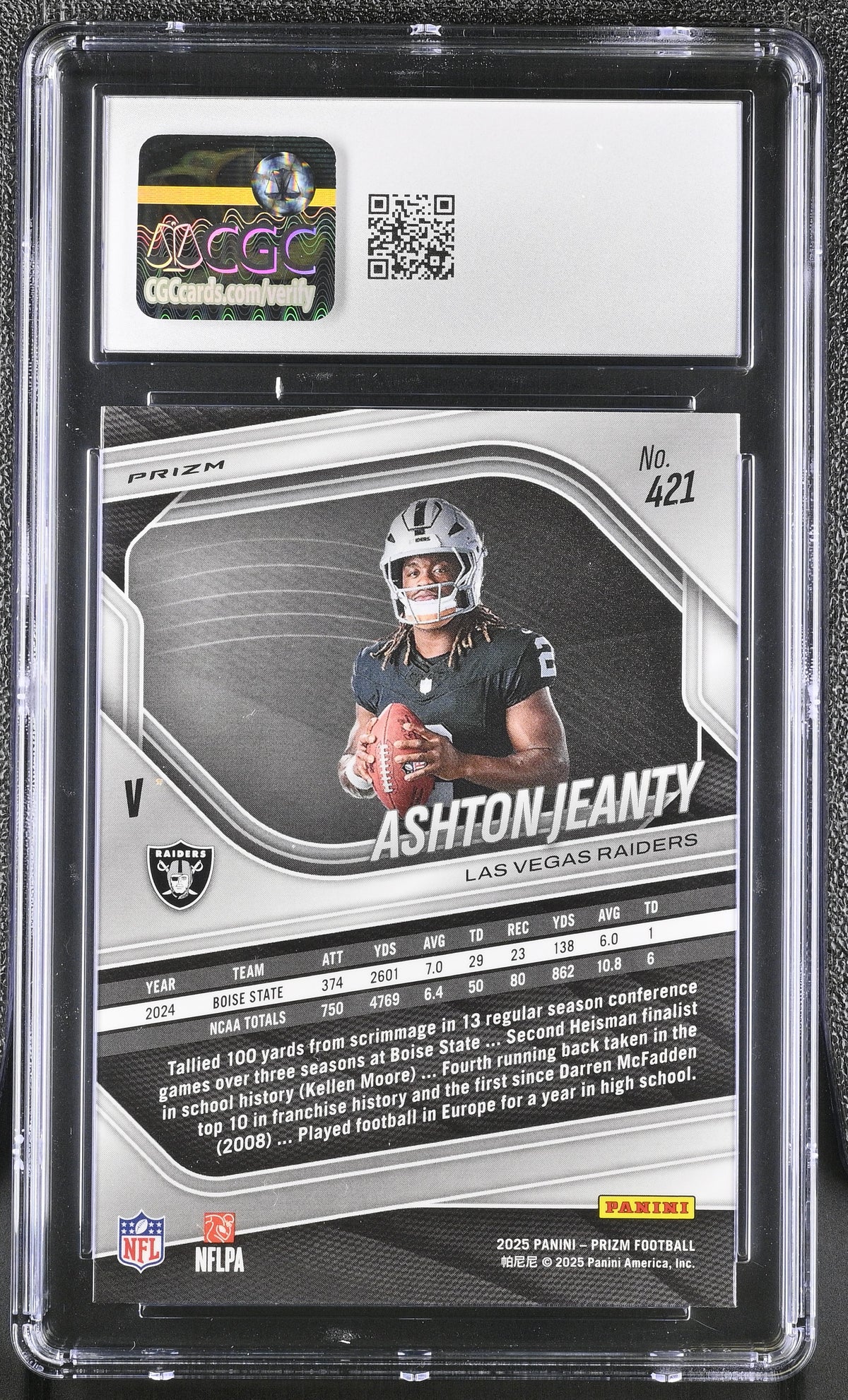 2025 Panini Prizm Ashton Jeanty Rookie Variation #421 CGC 10 Las Vegas Raiders