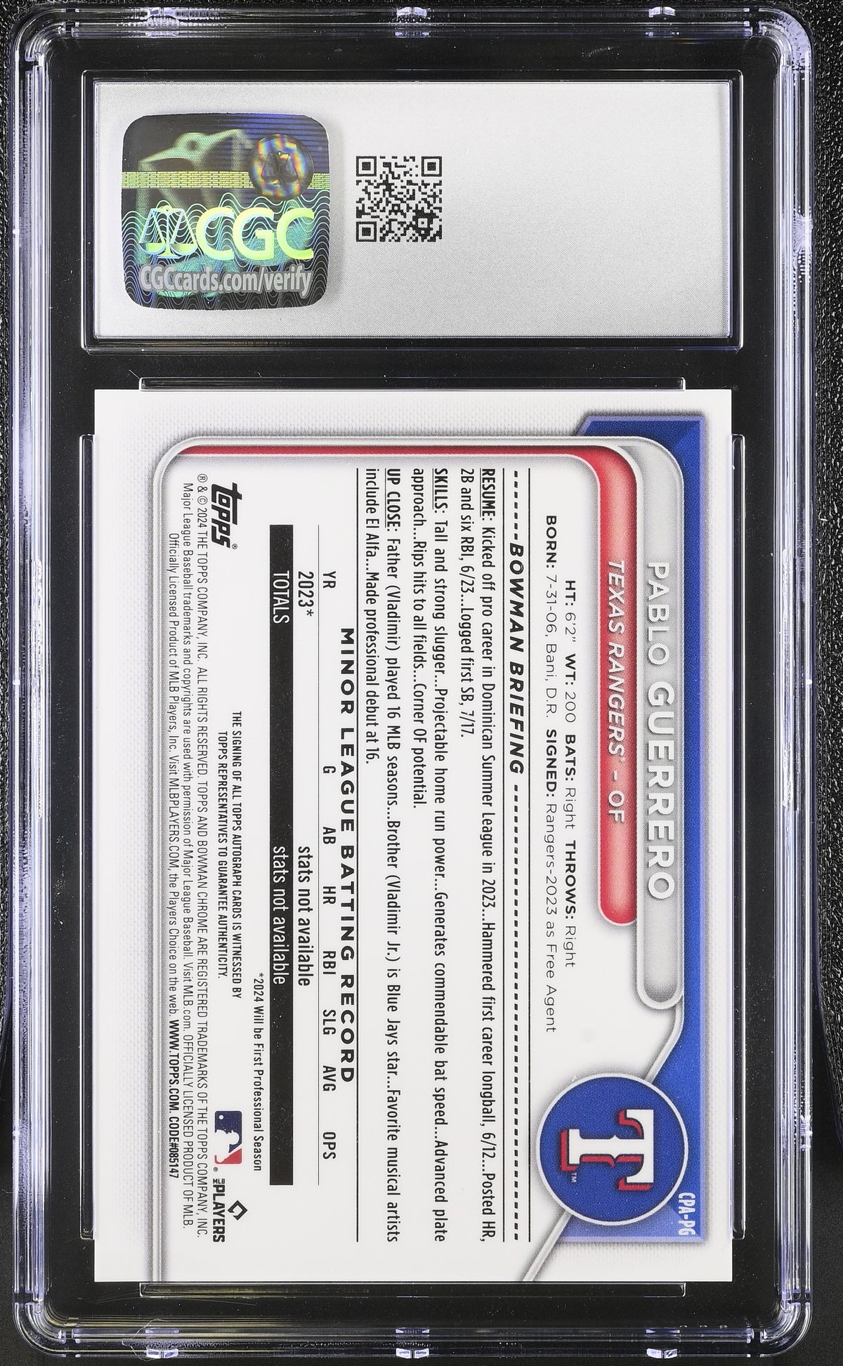 2024 Bowman Chrome Pablo Guerrero Rookie Prospect Auto #CPA-PG CGC 10 Rangers