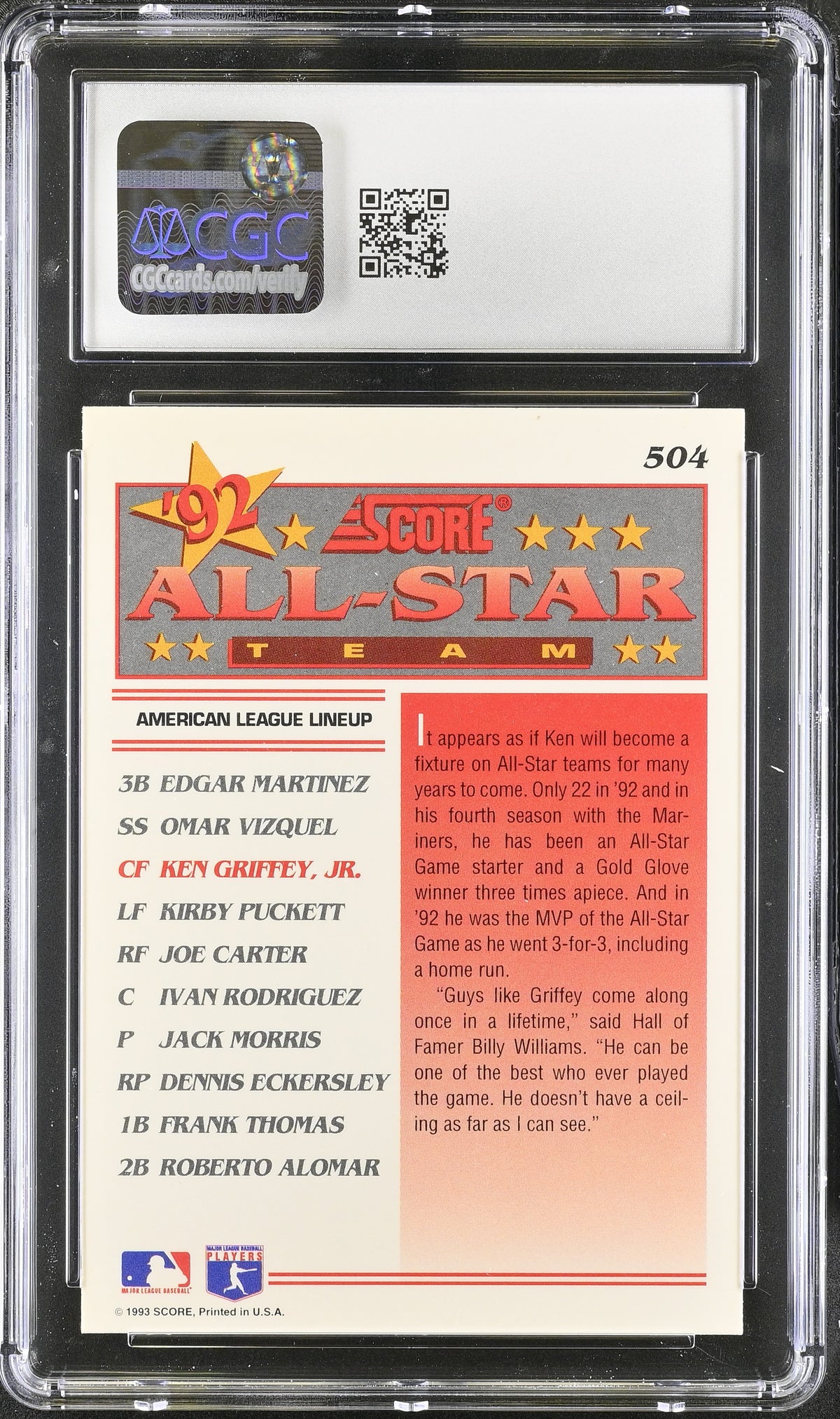 1993 Score Ken Griffey Jr. All-Star #504 CGC 9 Seattle Mariners
