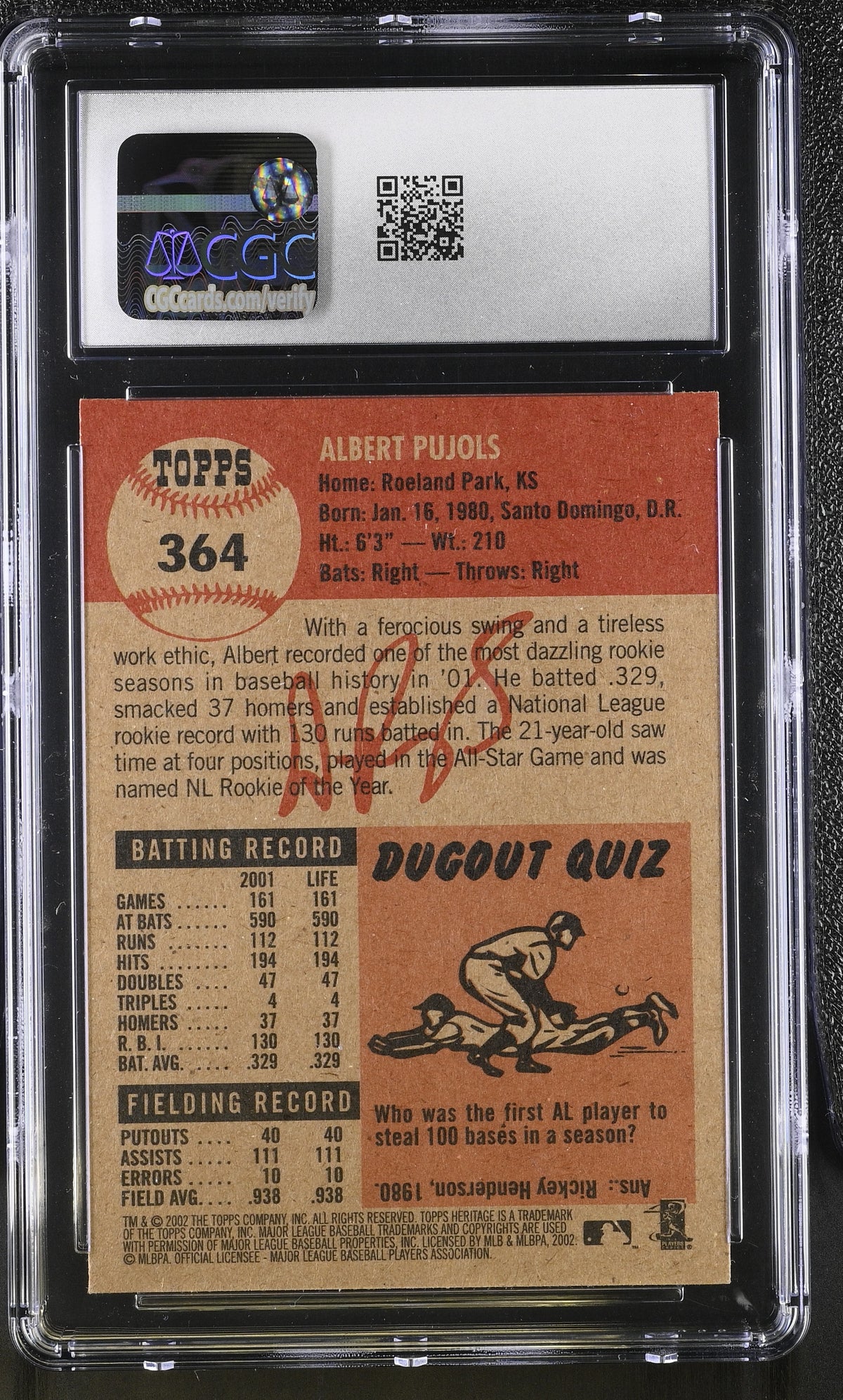 2002 Topps Heritage Albert Pujols #364 CGC 9 St. Louis Cardinals