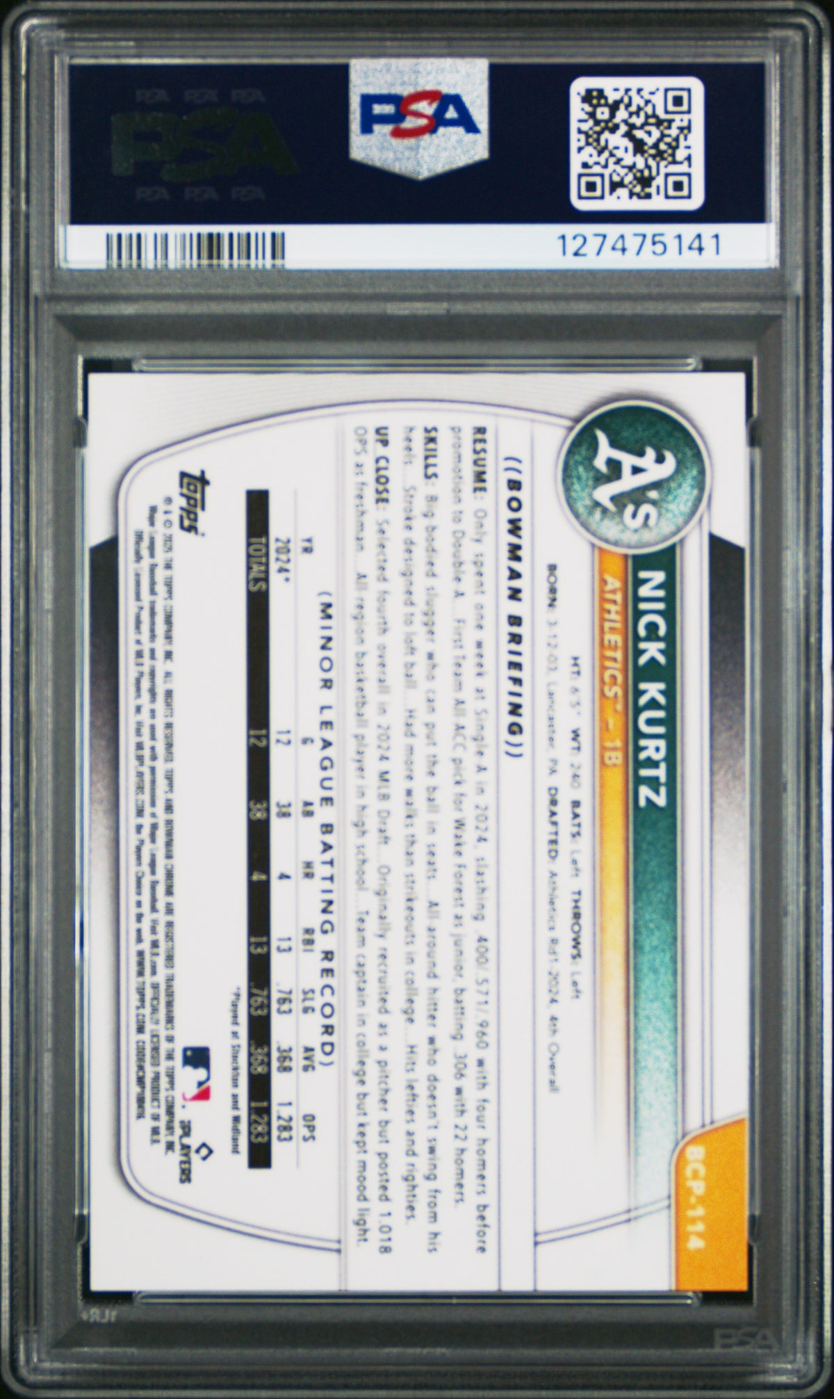 2025 Bowman Chrome Prospects Nick Kurtz Black X Fractor /10 Rookie #BCP114 PSA 8