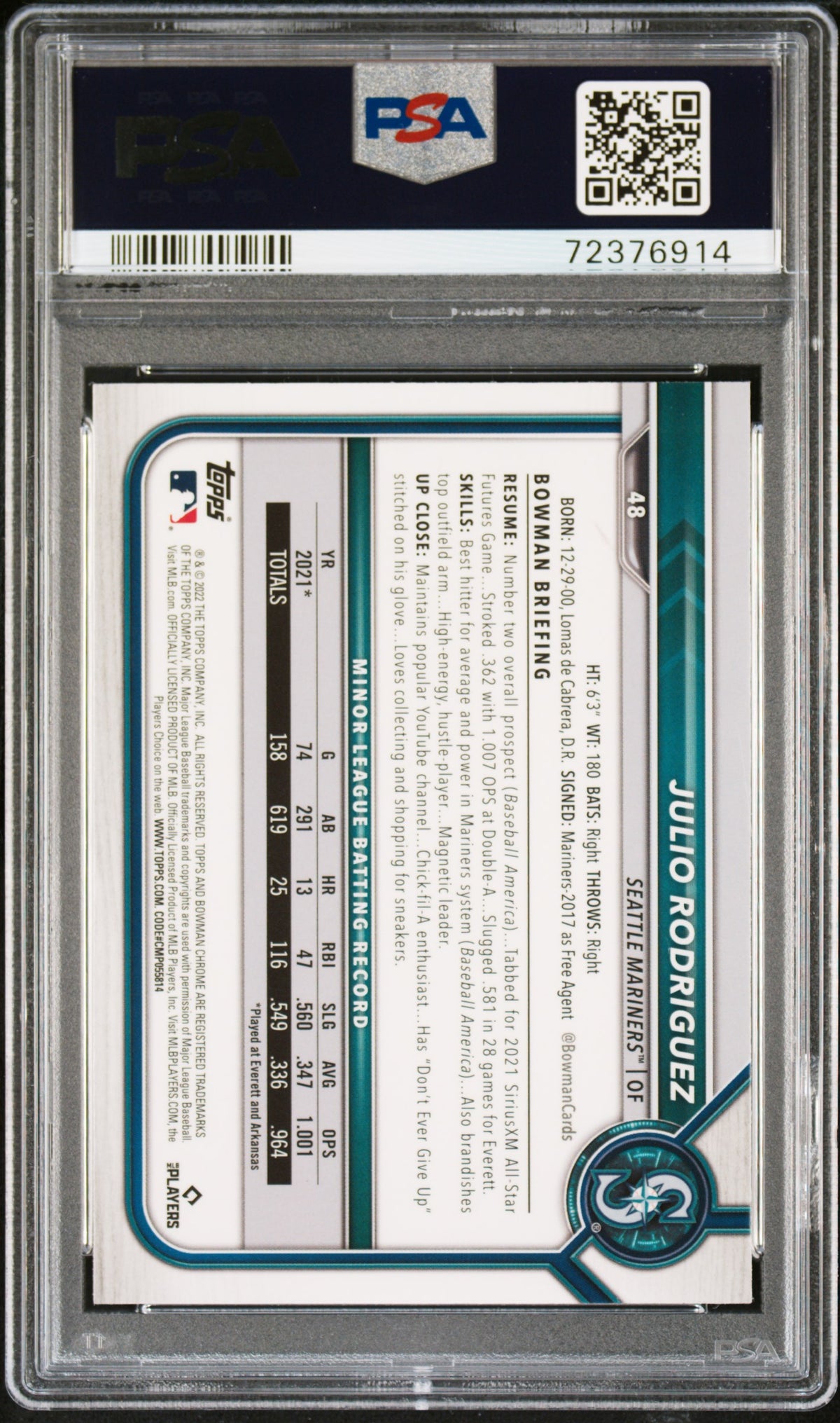 2022 Bowman Chrome Julio Rodriguez Rookie #48 PSA 10 Seattle Mariners
